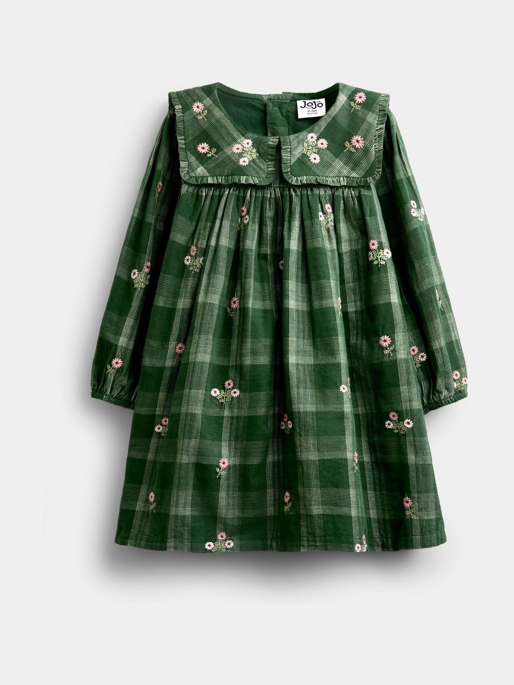 Green Floral - Embroidered Check Cord Dress