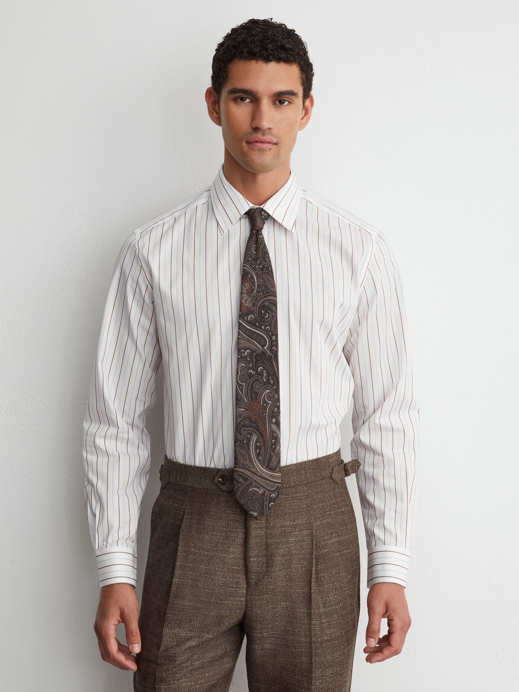 White/Brown Stripe - Regular Cotton Pinstripe Spread-collar Shirt Regular-fit