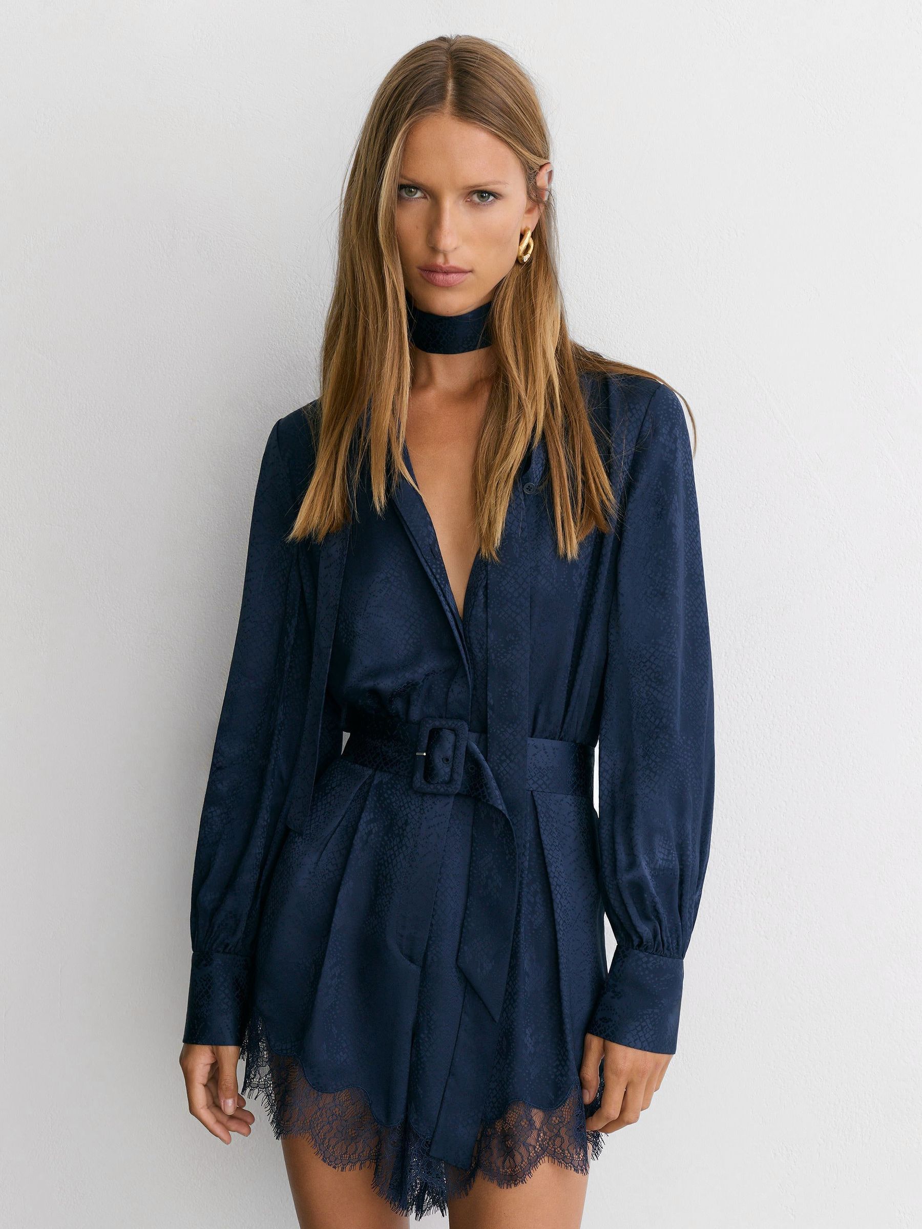 Marineblå - Jacquard Lace-trim Scarf-neck Playsuit
