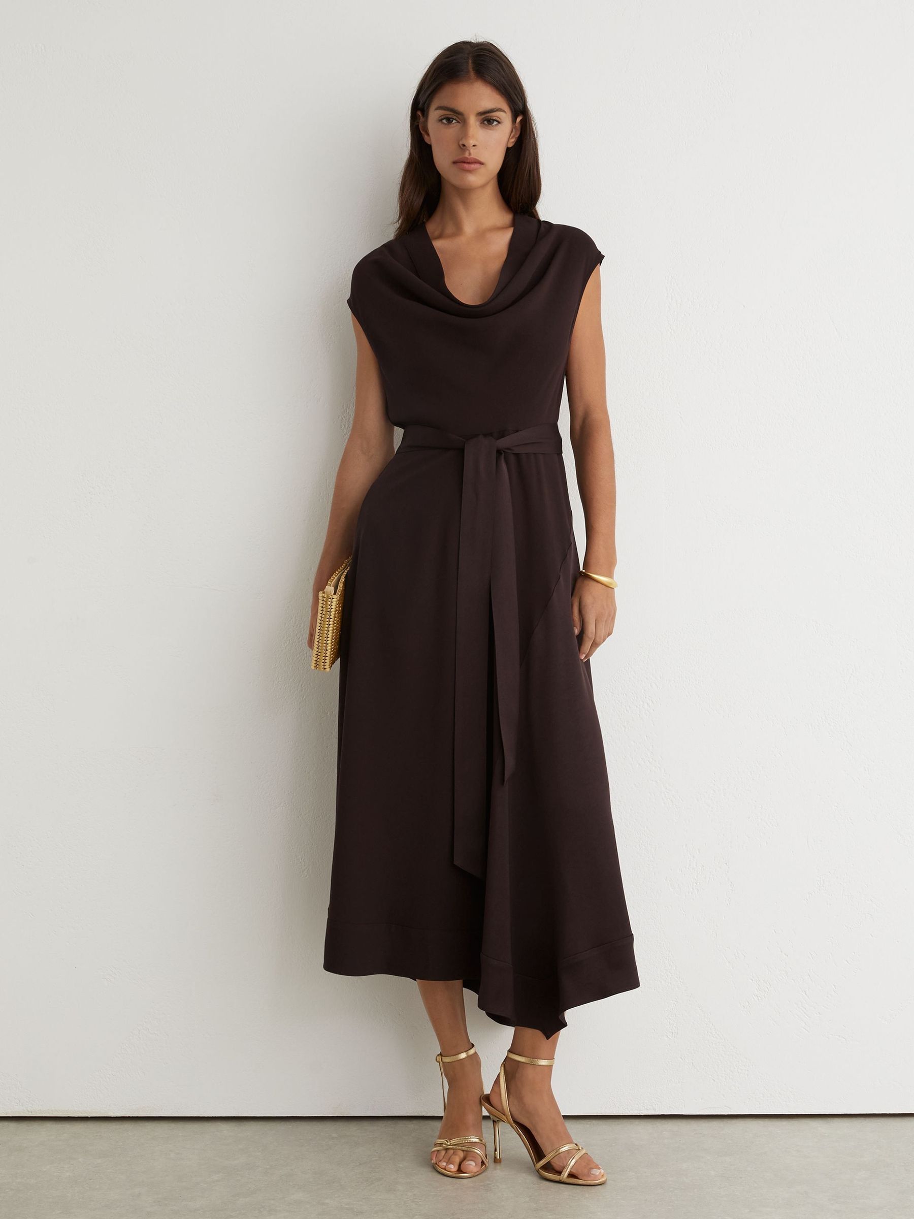 Grape Burgundy - Cowl-neck Tie-waist Midi Dress