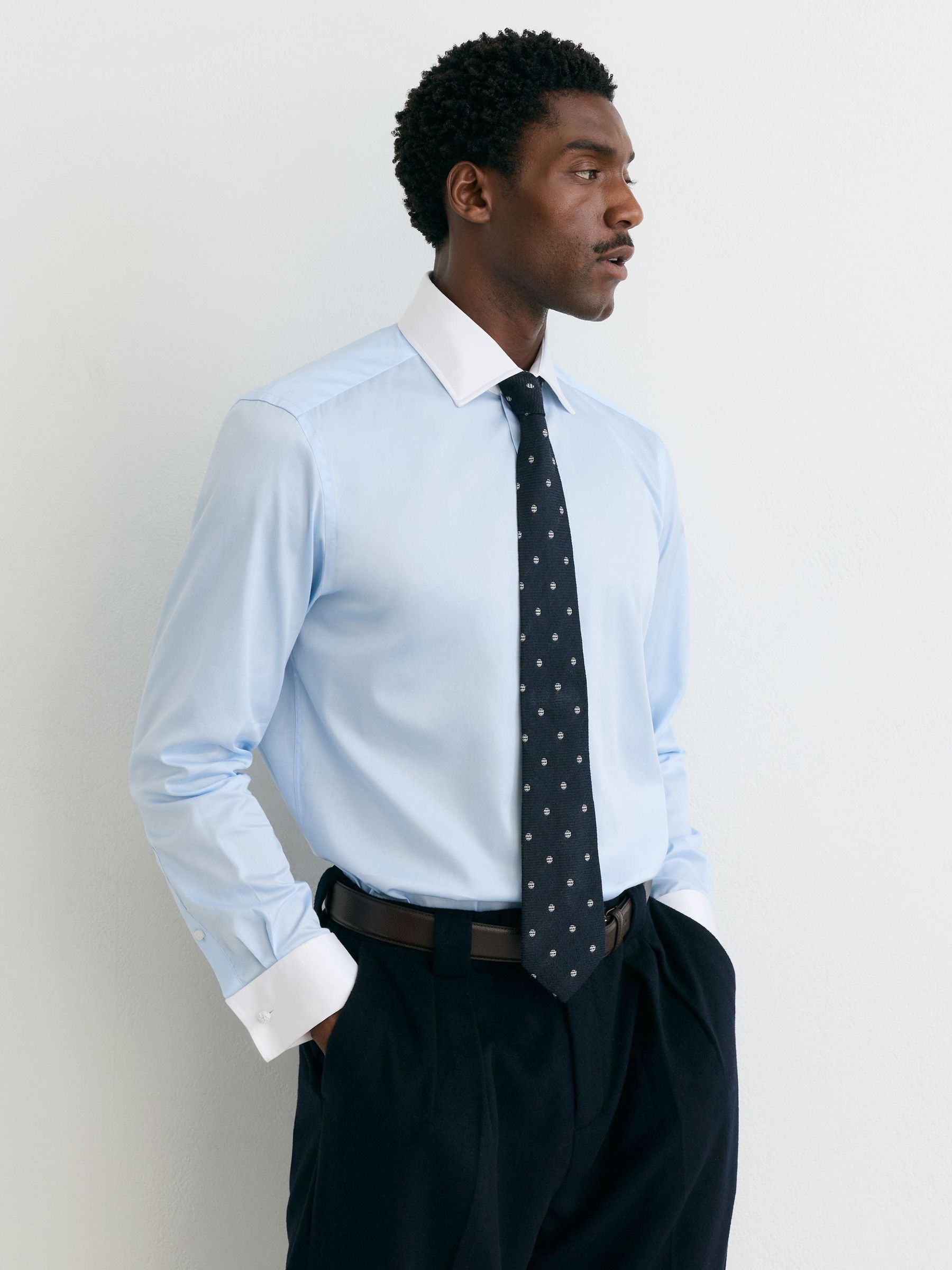 Soft Blue - Regular Cotton-stretch Contrast Double-cuff Shirt Regular-fit