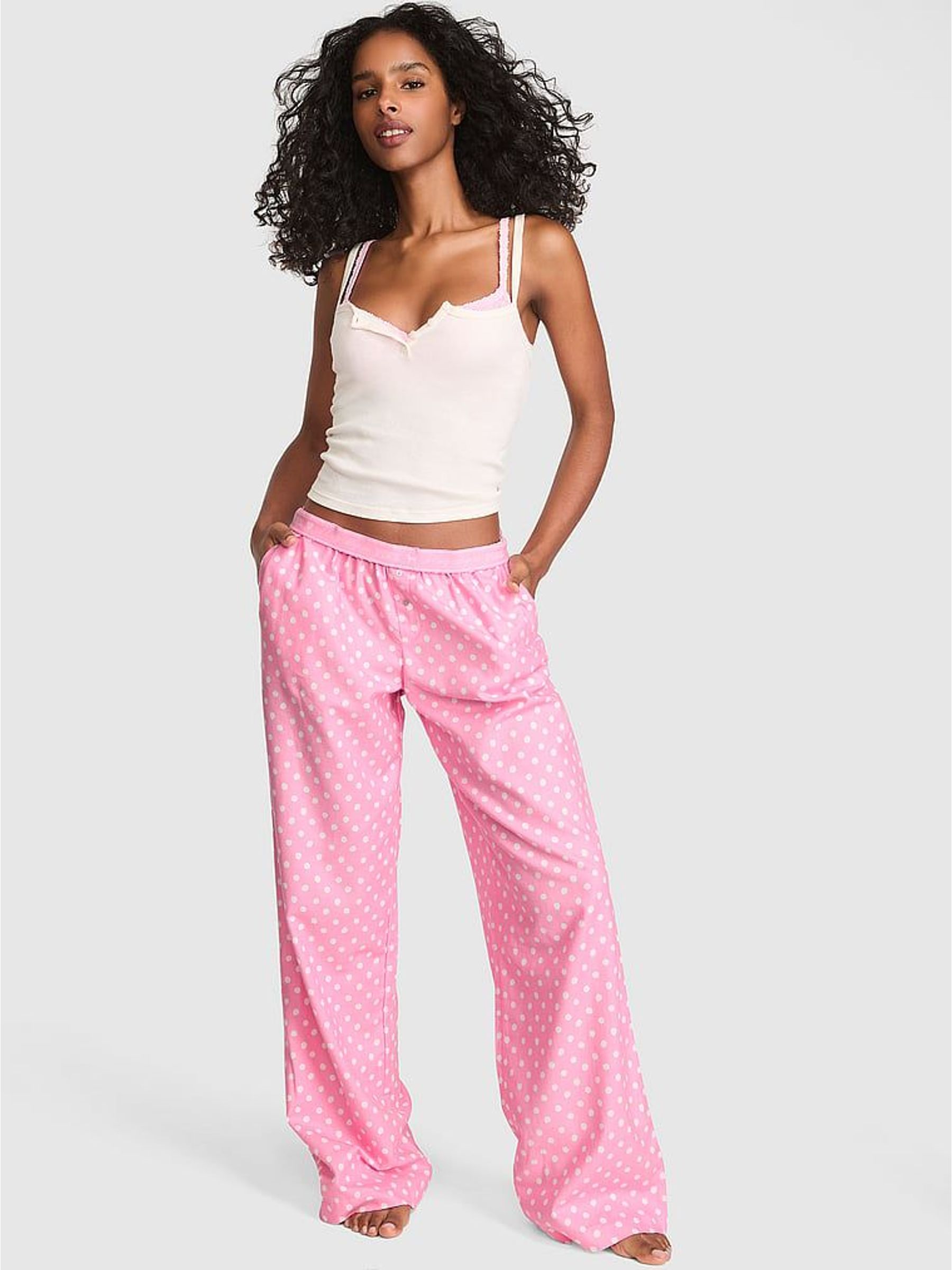 Pink Lollipop Polka Dot - Long Flannel Pyjama Bottoms