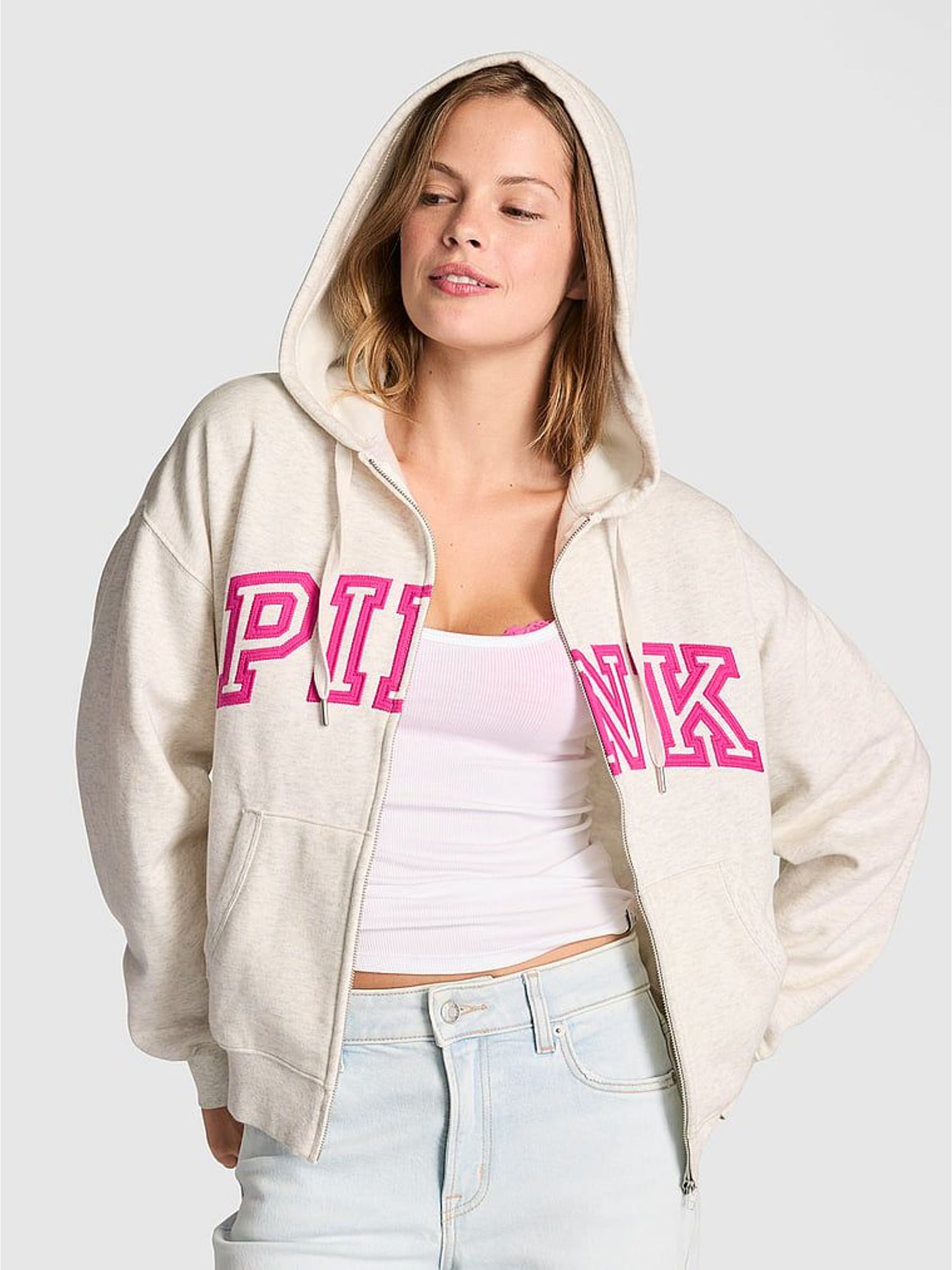 Snow Heather Grey Pink - Fleece Zip Up Hoodie