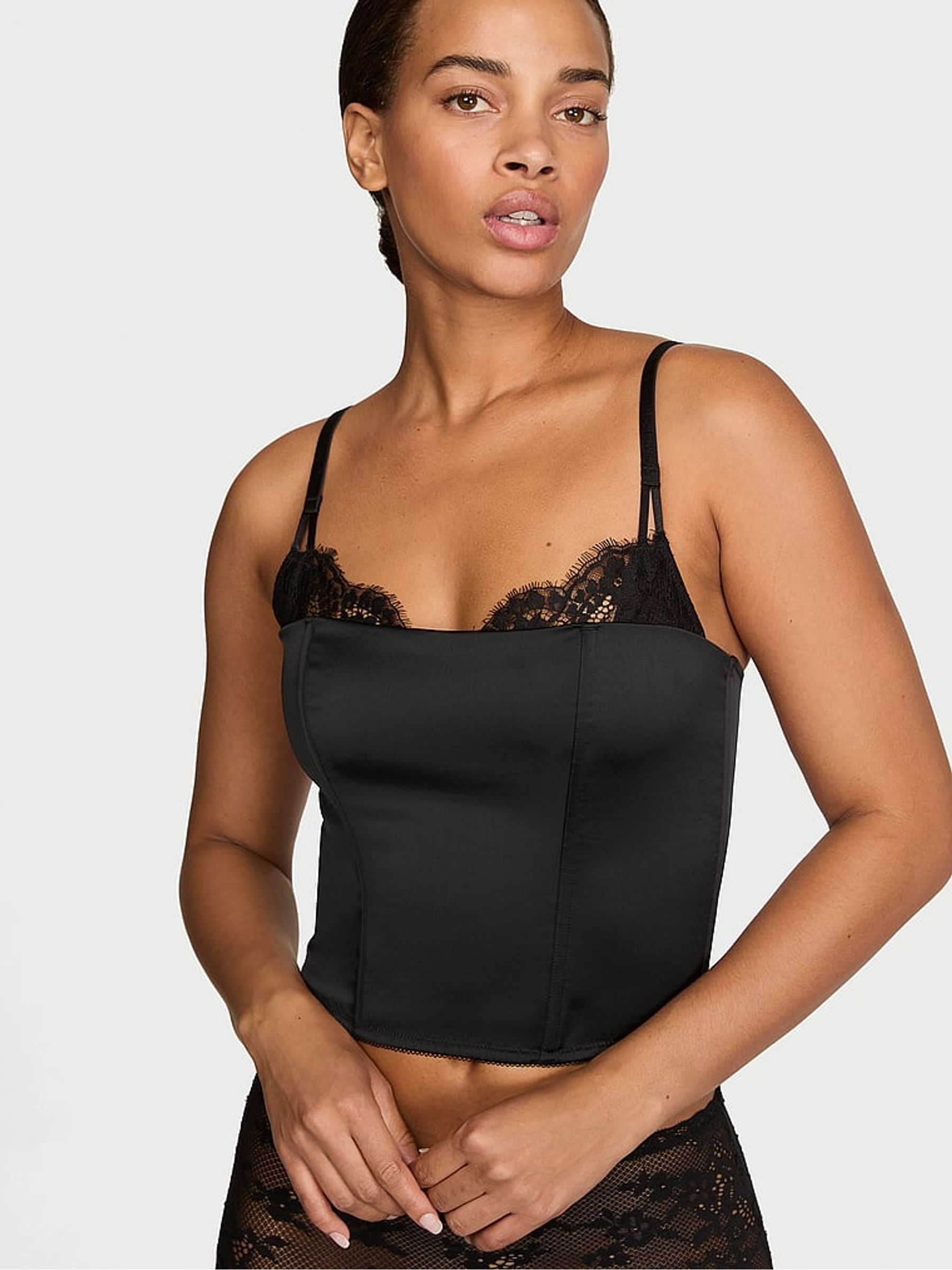 Black - Satin Lace Trim Corset Top