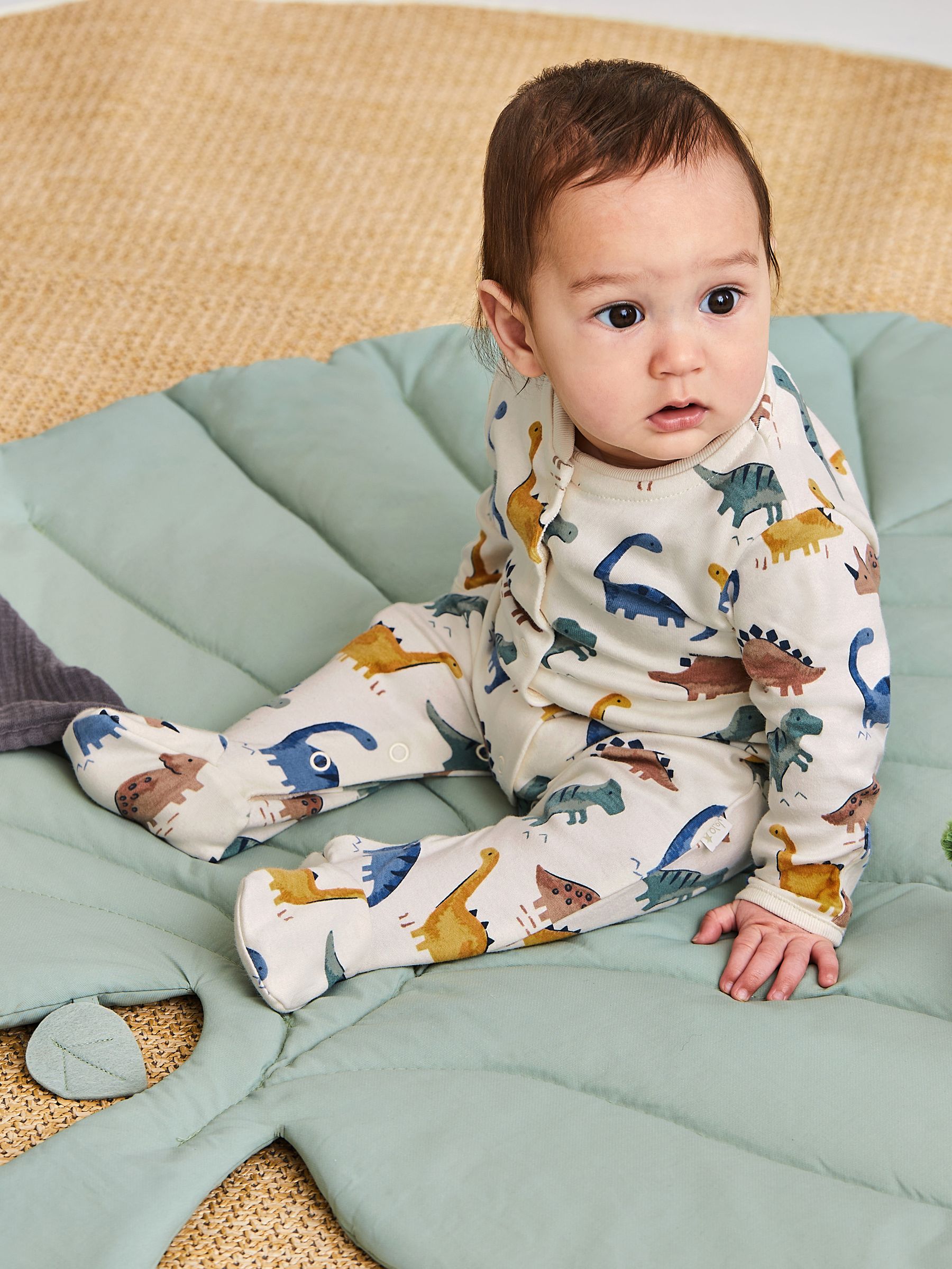 Cream Dinosaur Print Cotton Baby Sleepsuit - Image 1 of 4