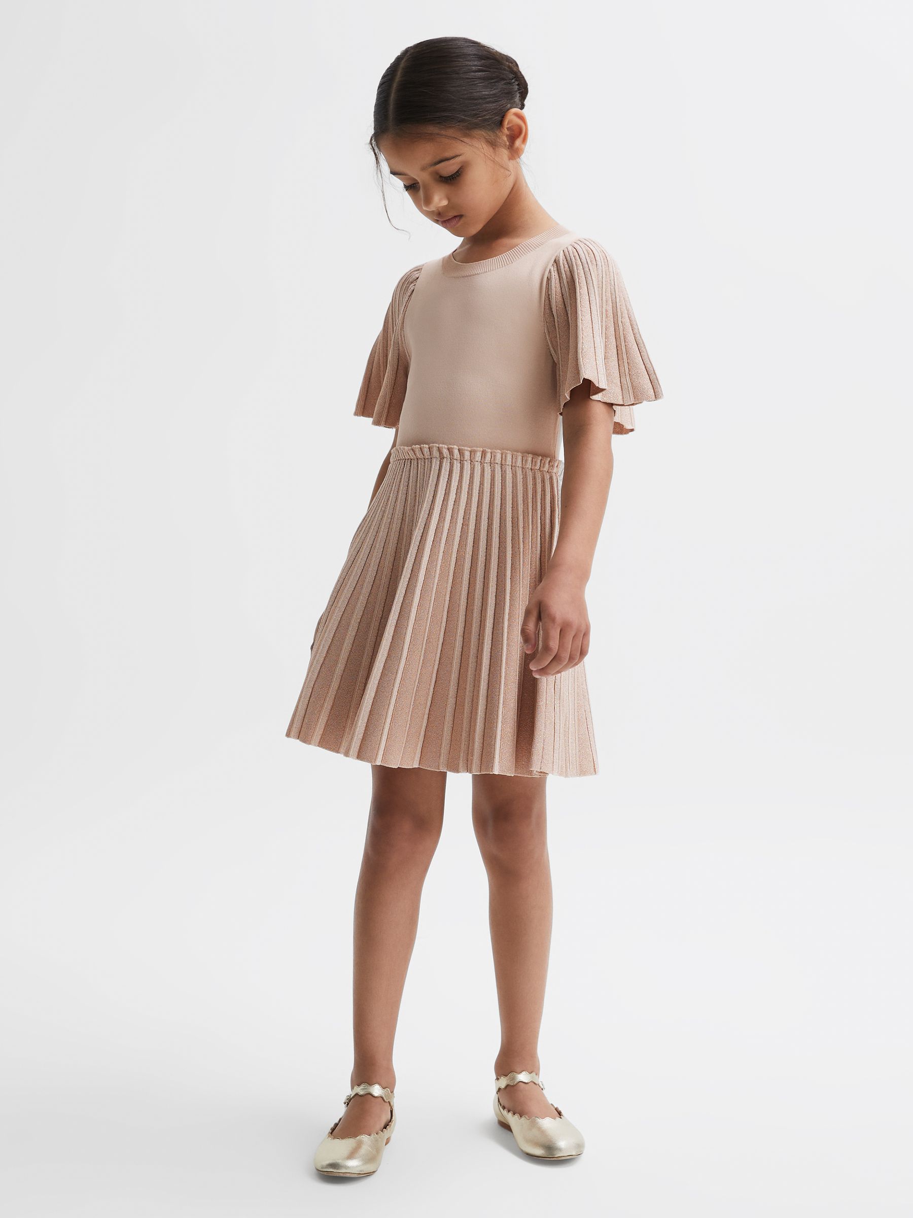 Senior Pleated Metallic Short Sleeve Dress in Pink - Image 1 of 6