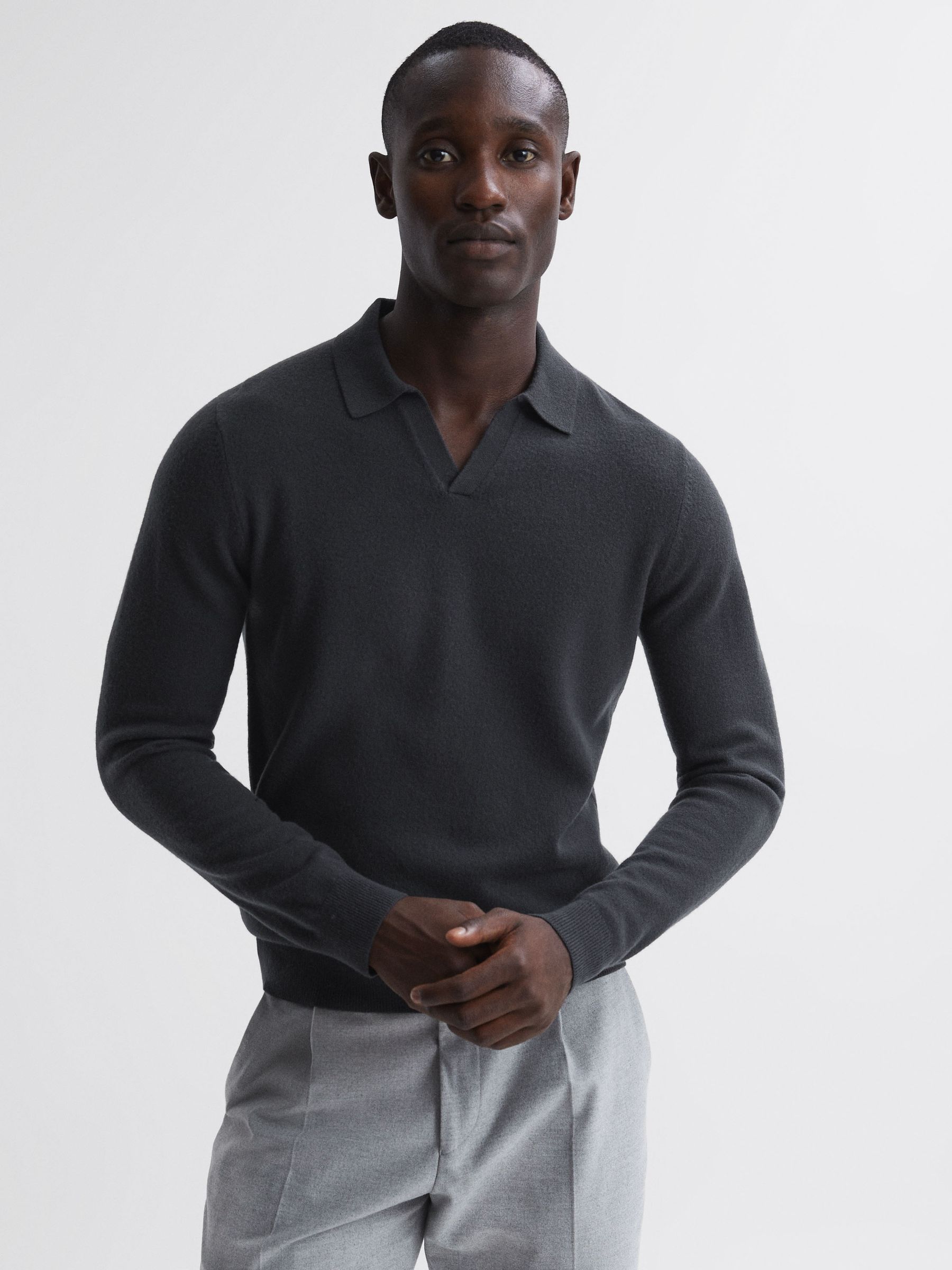 Merino Wool Open Collar Top in Anthracite Grey - Image 1 of 5