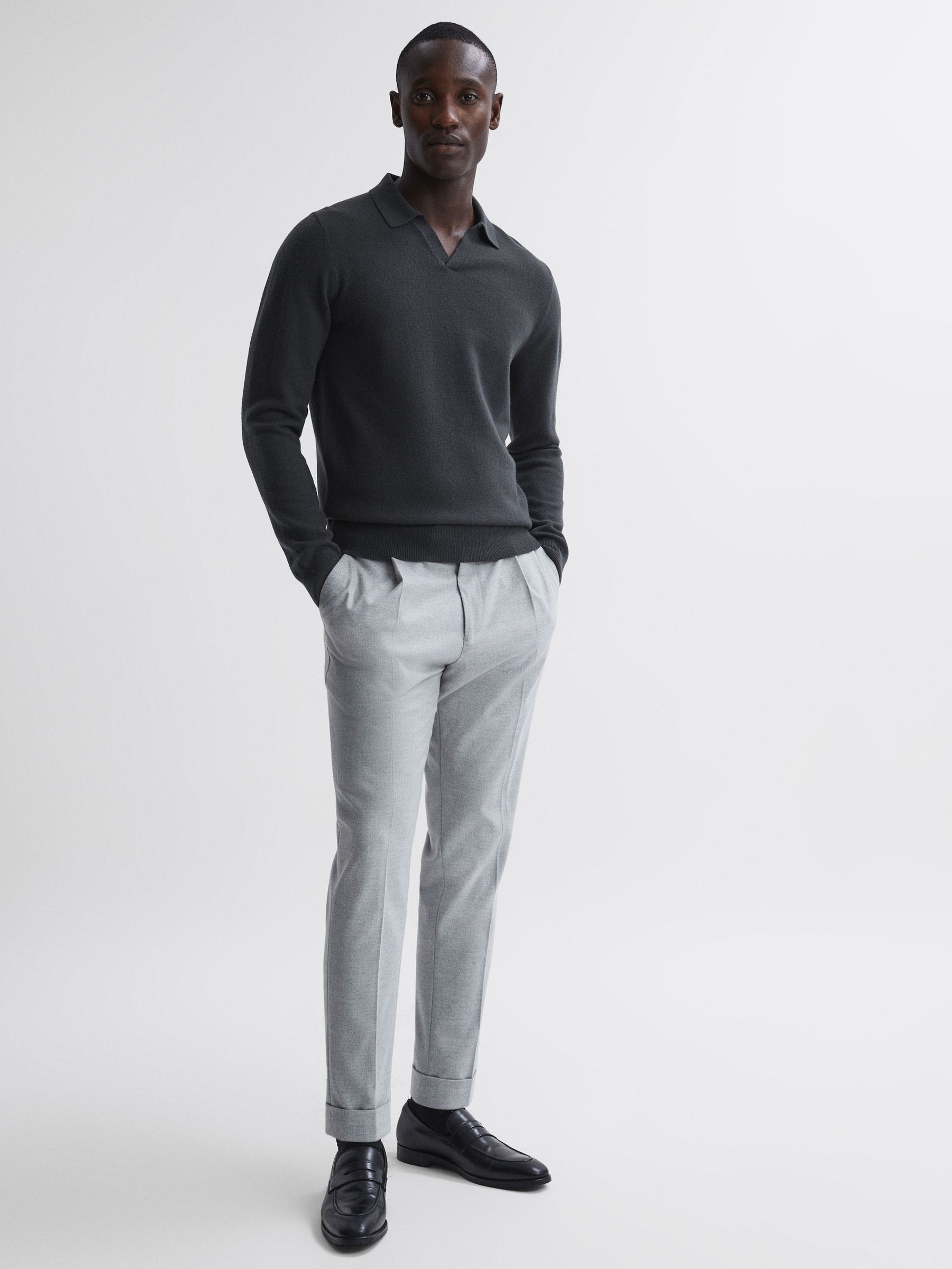 Merino Wool Open Collar Top in Anthracite Grey - Image 3 of 5