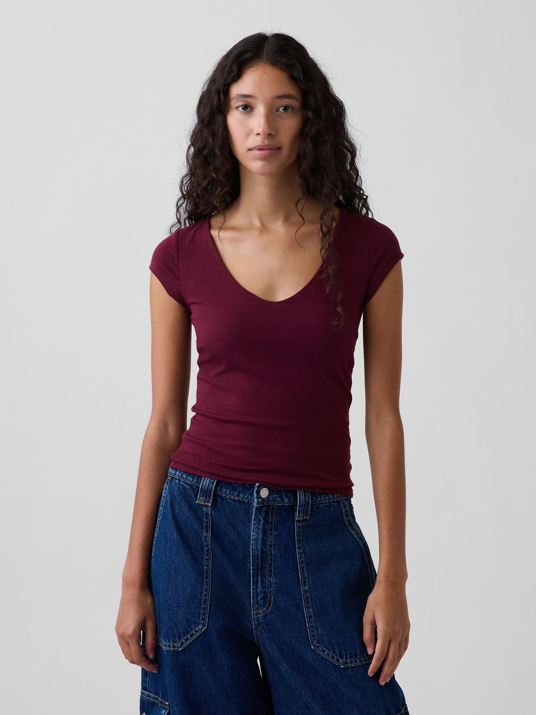 Burgundy Red Close Knit Jersey V-Neck T-Shirt - Image 1 of 3