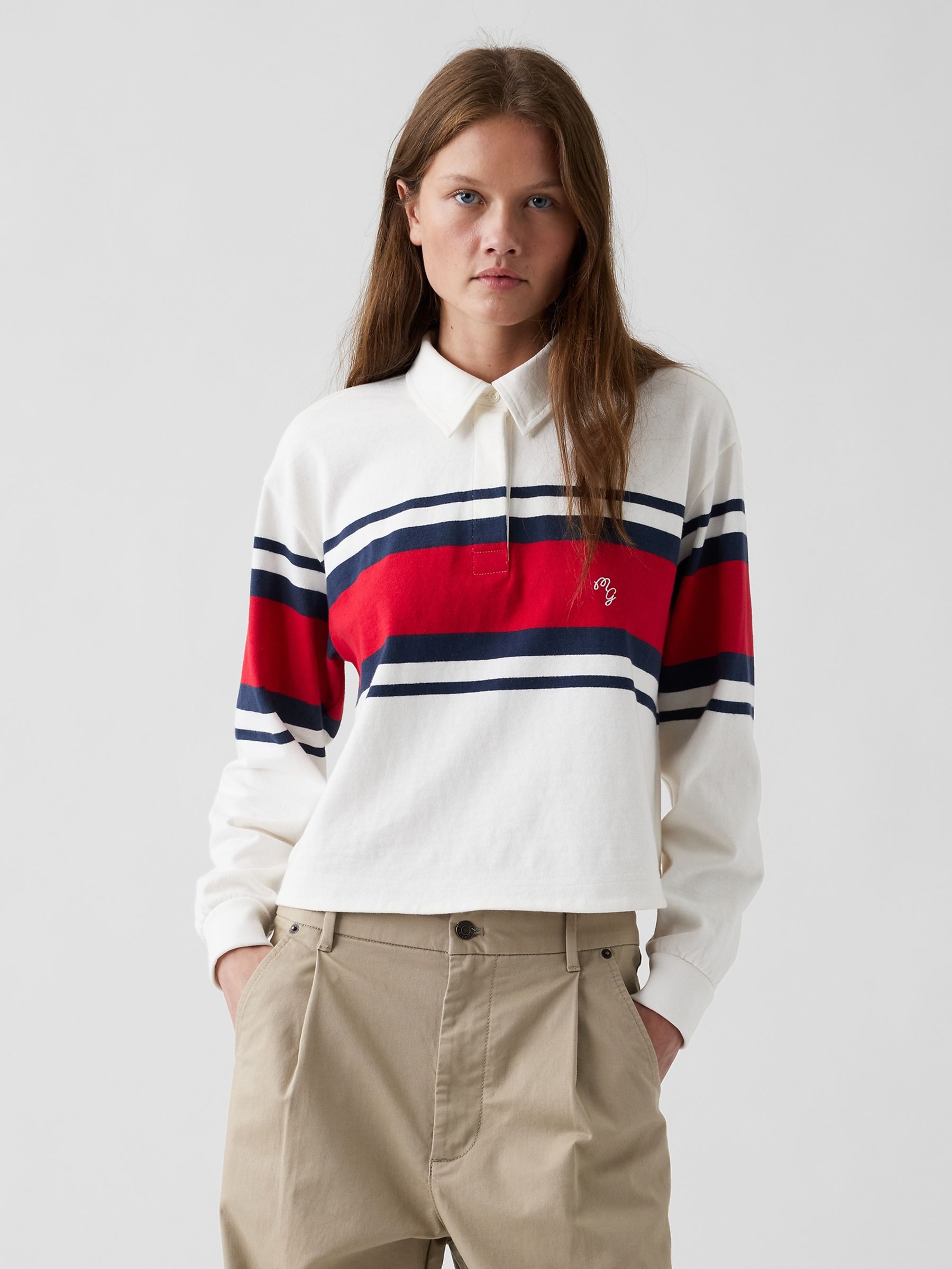 Gap x Malbon White/Red Oversized Crop Rugby Shirt - Image 2 of 8 Gap x Malbon White/Red Oversized Crop Rugby Shirt - Image 2 of 8