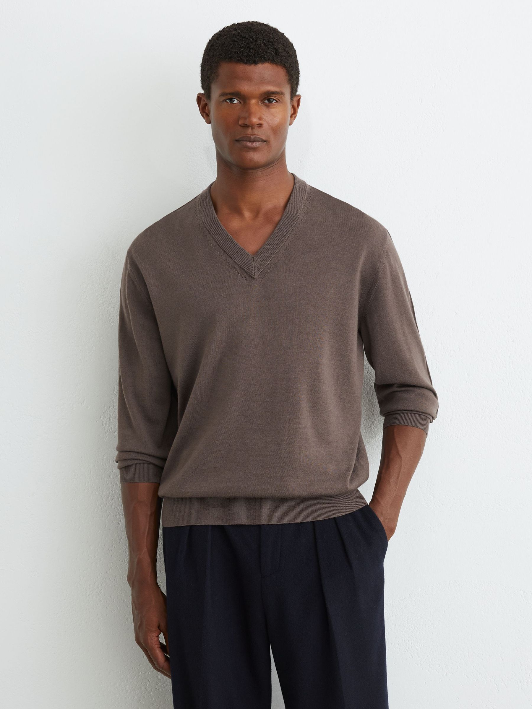 Merino Wool V-Neck Jumper in Ridge Brown - Image 1 of 6