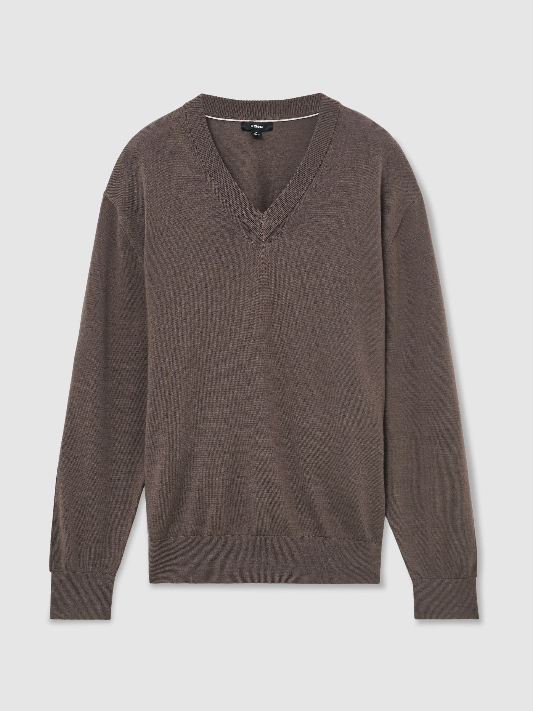 Merino Wool V-Neck Jumper in Ridge Brown - Image 2 of 6
