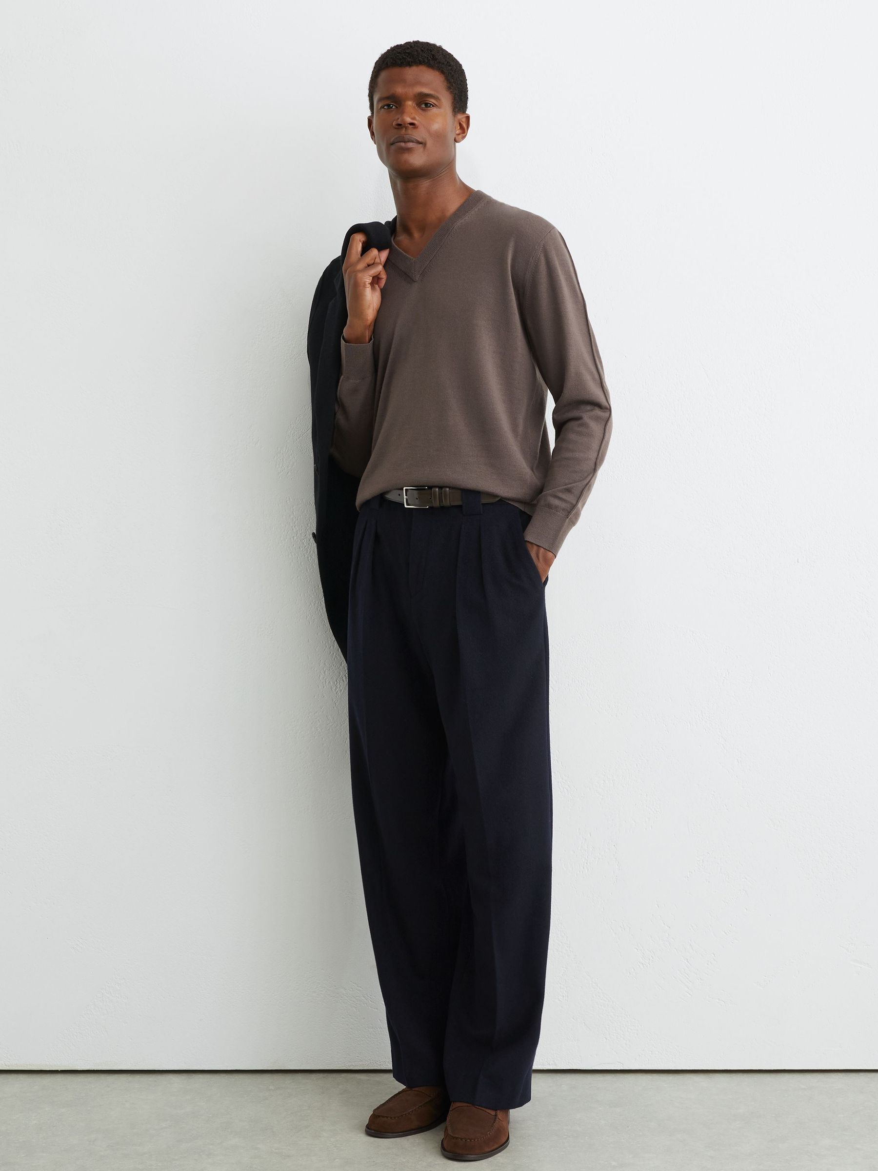 Merino Wool V-Neck Jumper in Ridge Brown - Image 3 of 6