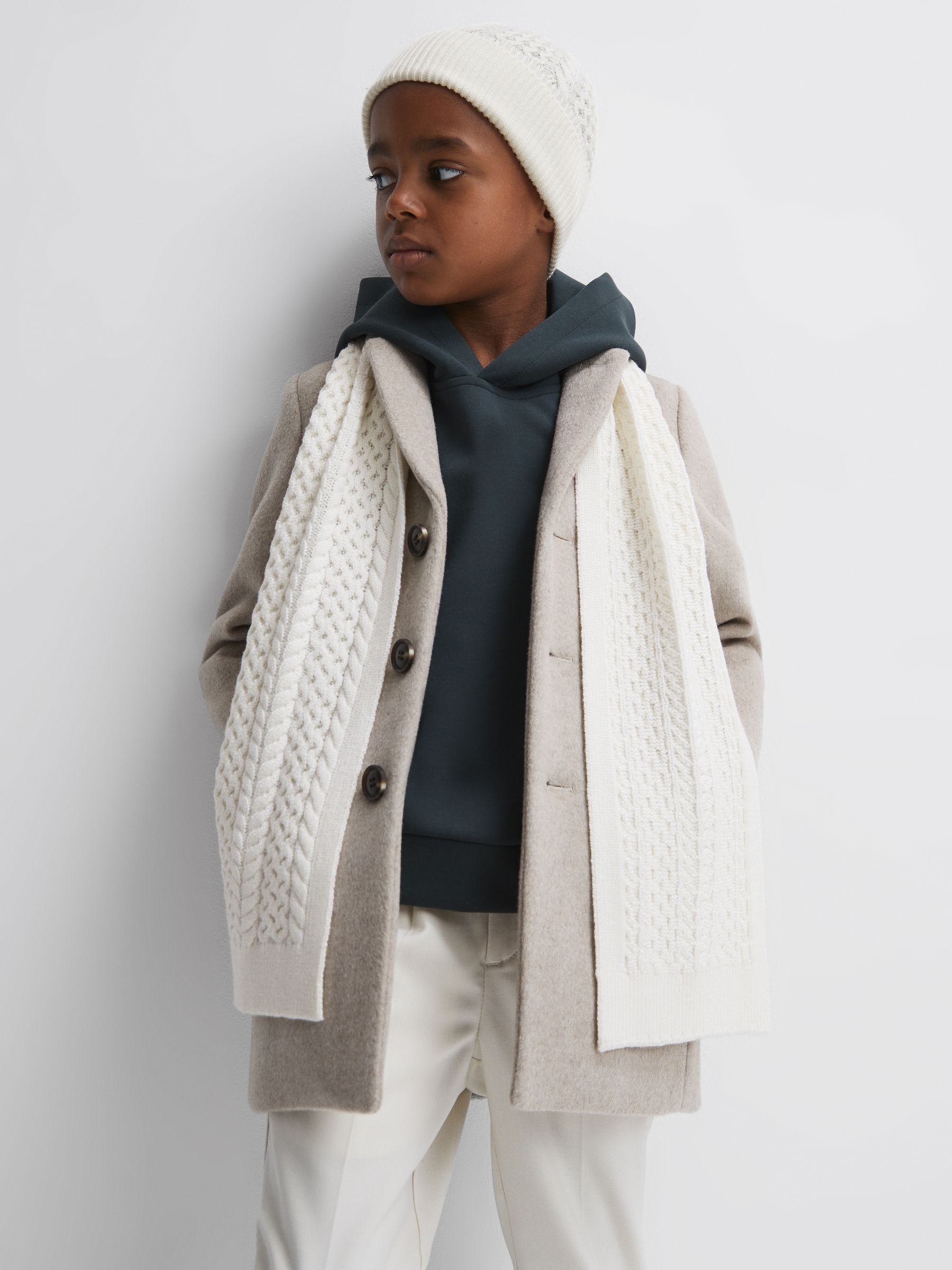 Junior Knitted Scarf and Beanie Hat Set in Ecru - Image 2 of 5