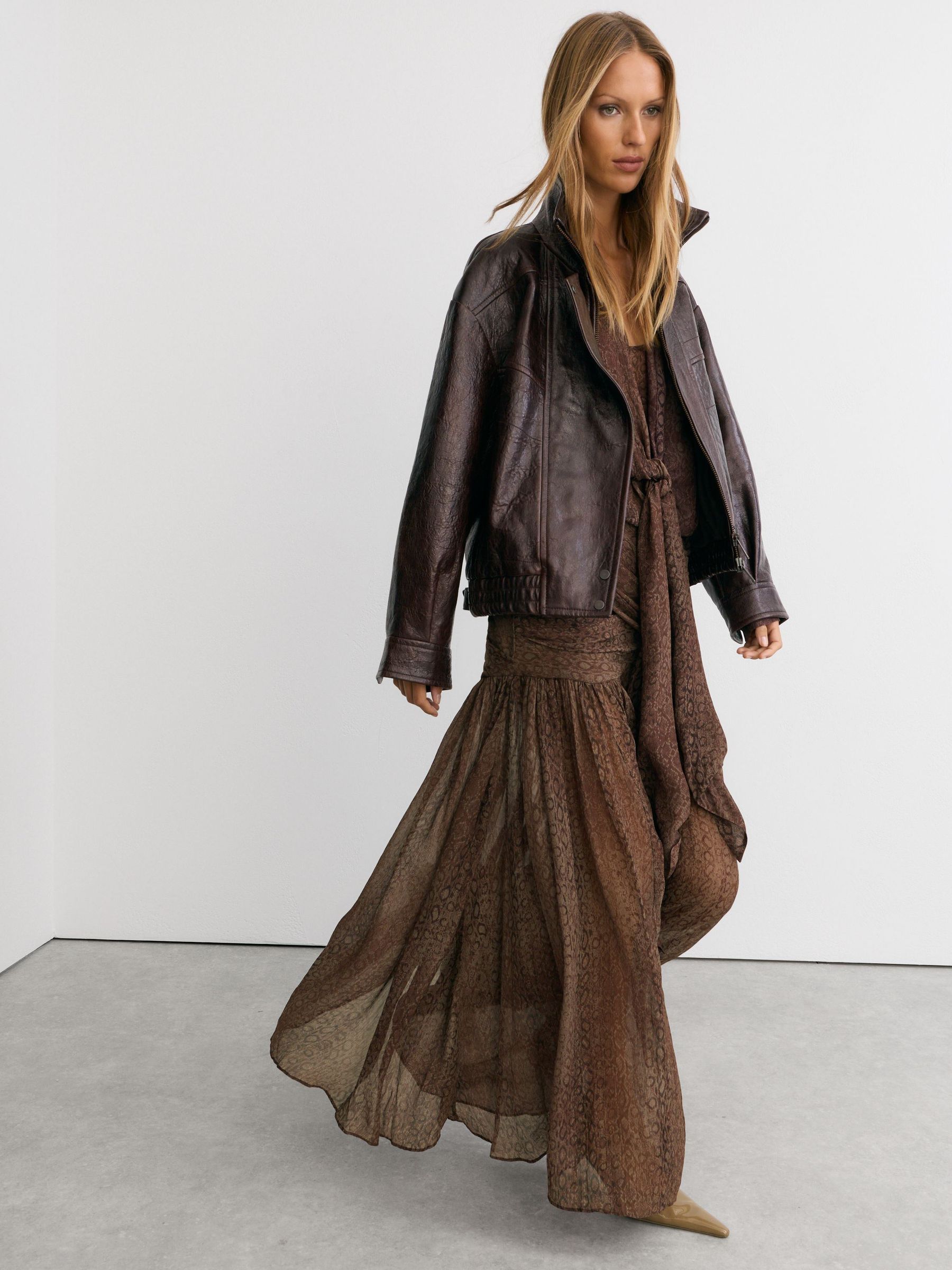 Snake-Print Plissé Maxi Skirt in Grape Burgundy - Image 1 of 7