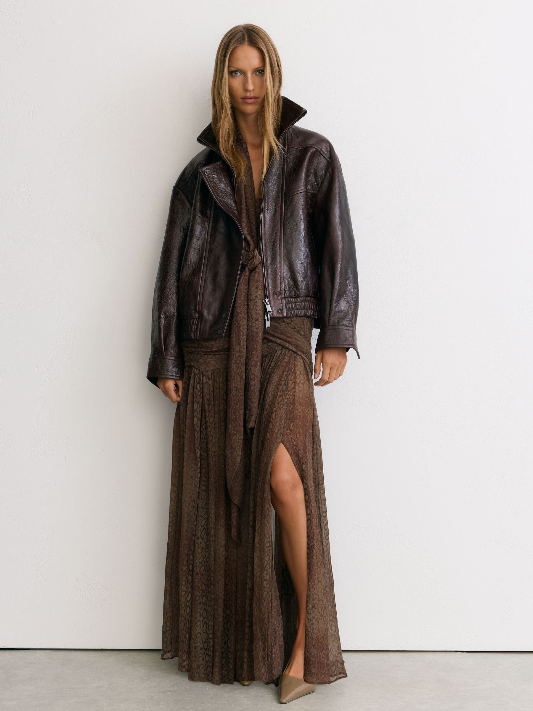 Snake-Print Plissé Maxi Skirt in Grape Burgundy - Image 3 of 7