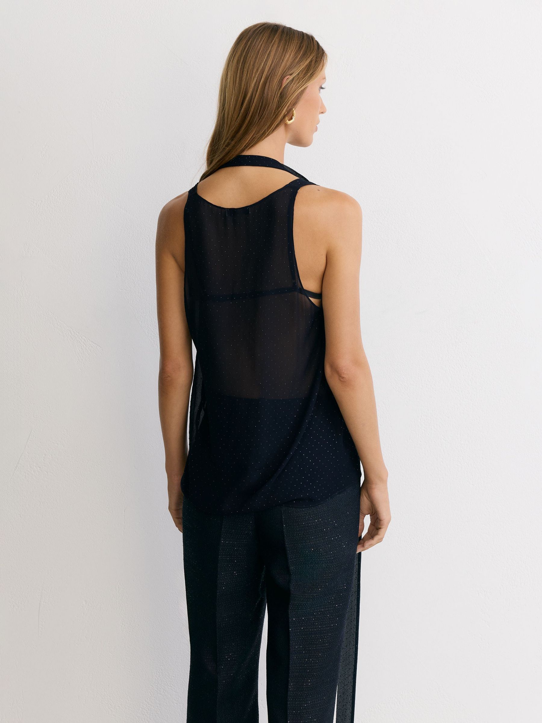 Sheer Crystal-Detail Scarf-Neck Vest in Navy - Bild 5 von 8