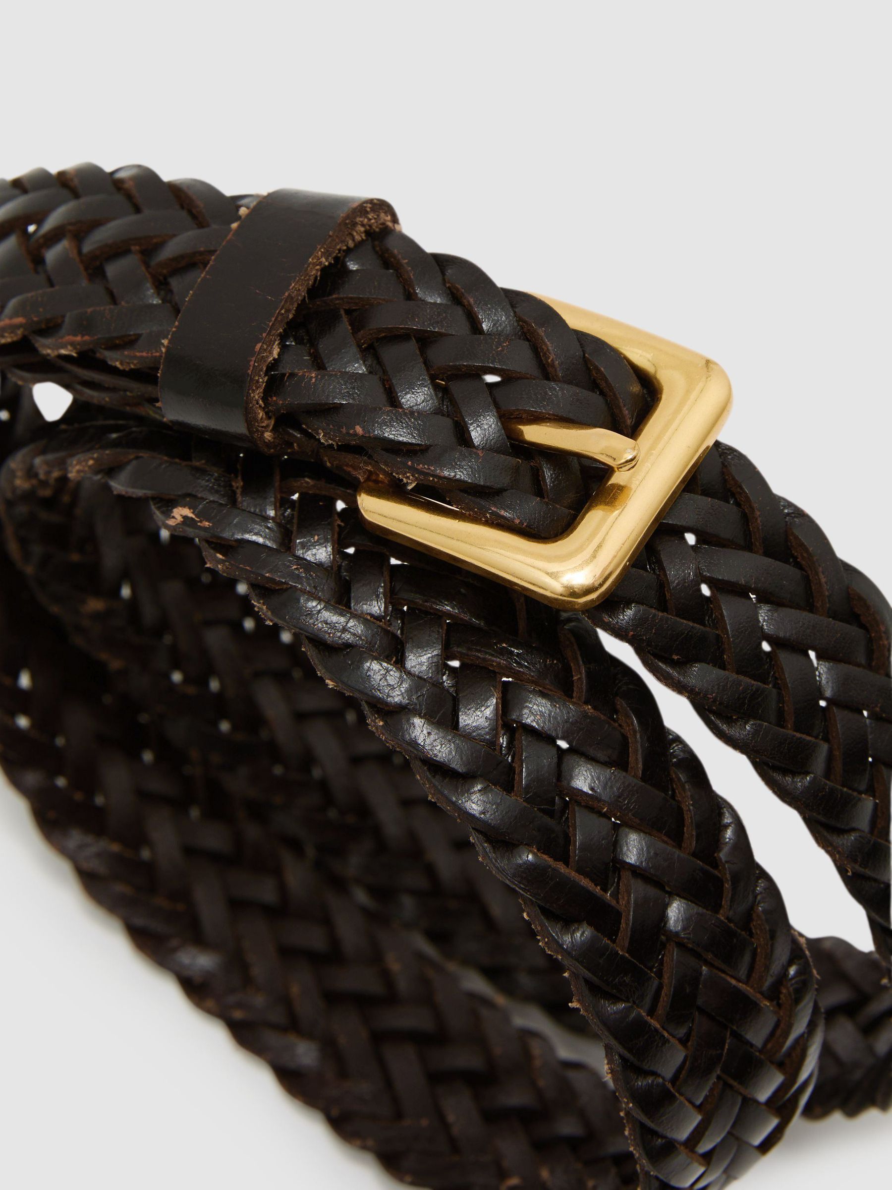 Slim Leather Woven Belt in Chocolate - Image 5 of 5