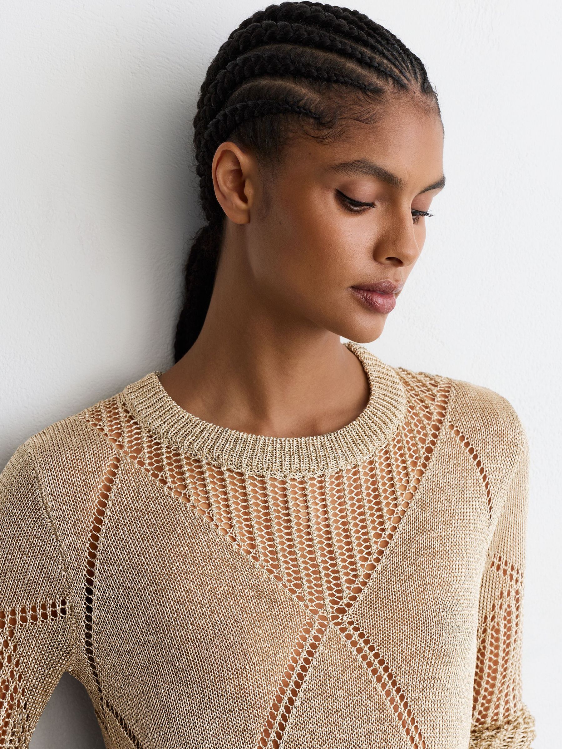 Metallic Argyle Open-Knit Long-Sleeve Jumper in Gold by Reiss