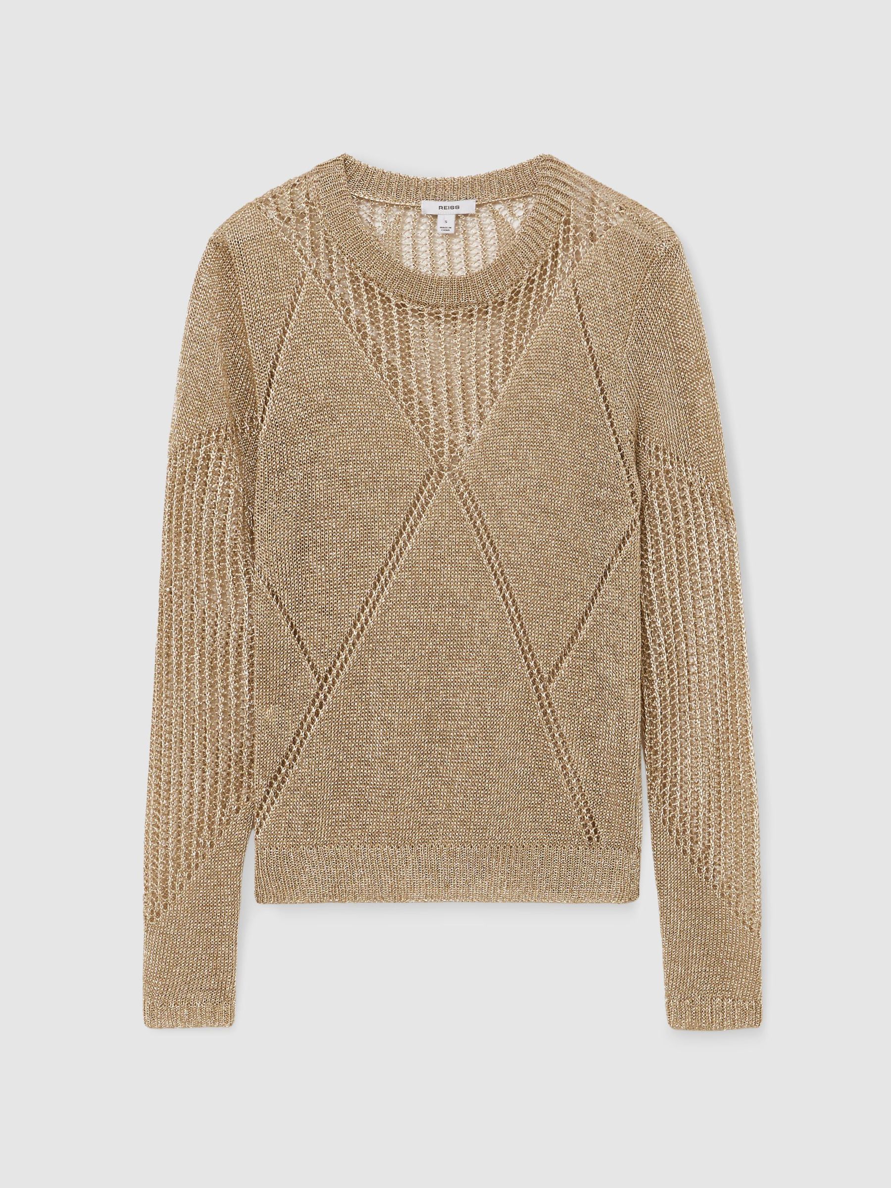 Metallic Argyle Open-Knit Long-Sleeve Jumper in Gold - Image 2 of 7