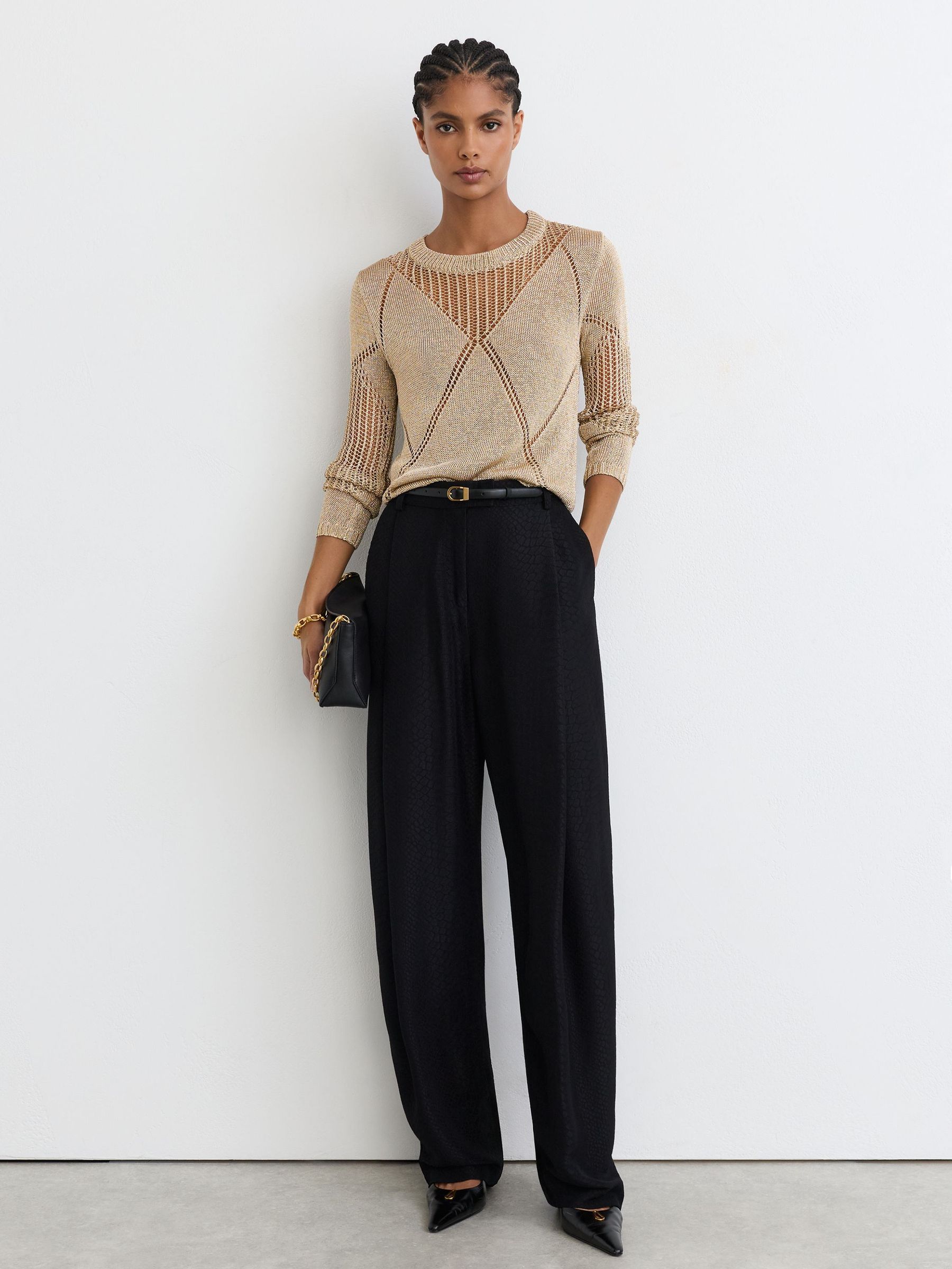 Metallic Argyle Open-Knit Long-Sleeve Jumper in Gold - Image 4 of 7