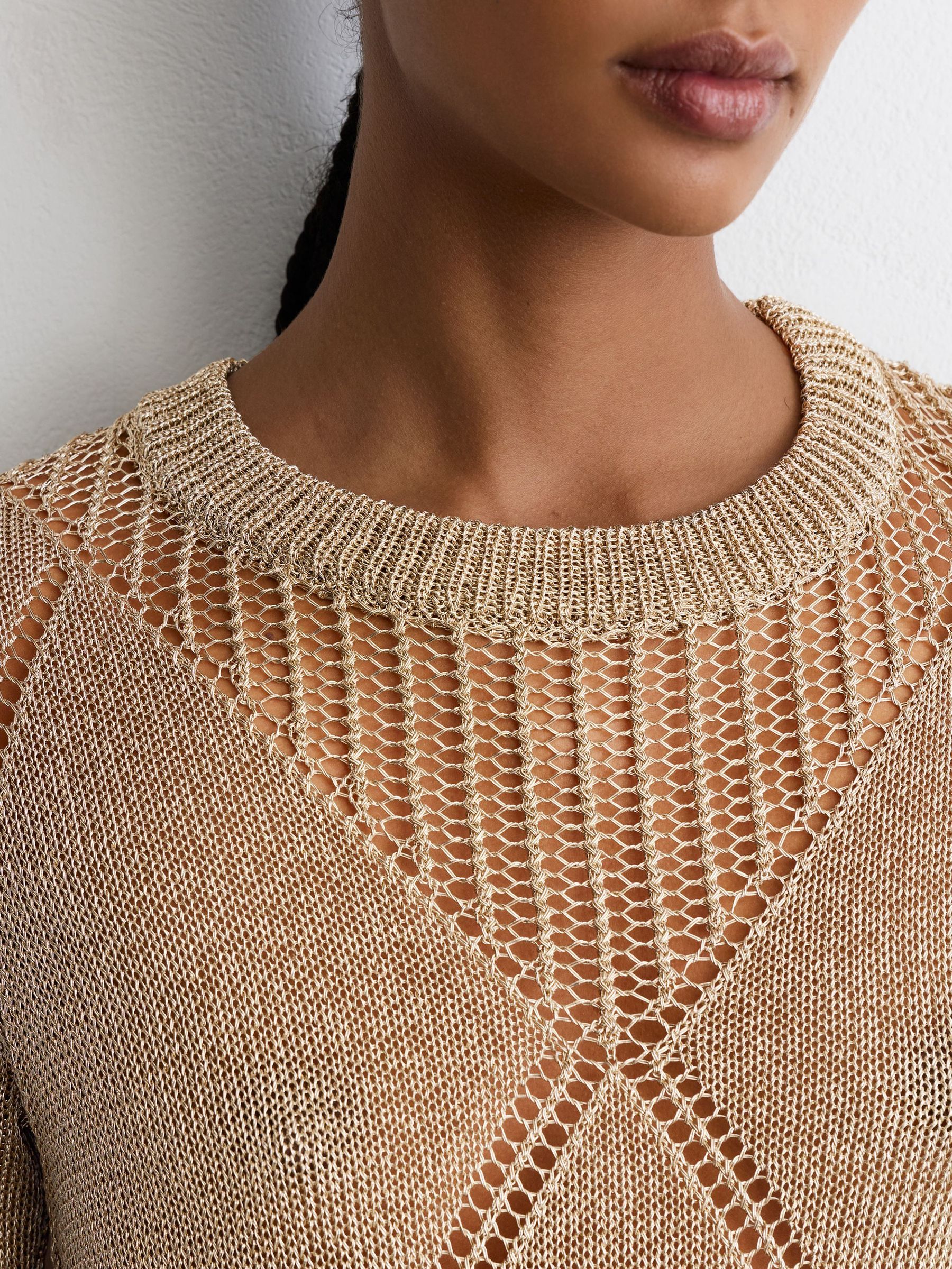 Metallic Argyle Open-Knit Long-Sleeve Jumper in Gold - Image 5 of 7