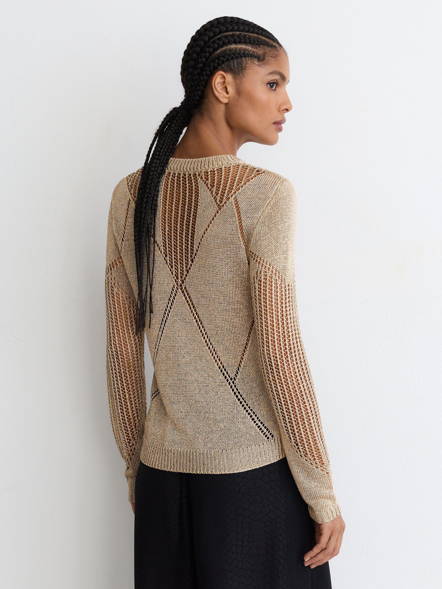 Metallic Argyle Open-Knit Long-Sleeve Jumper in Gold - Image 6 of 7