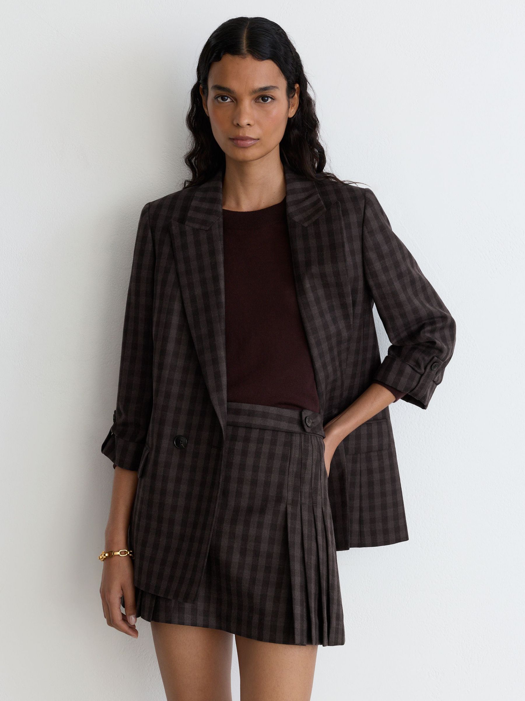 Wool Check Pleated Mini Skirt in Grape Check - Image 1 of 7