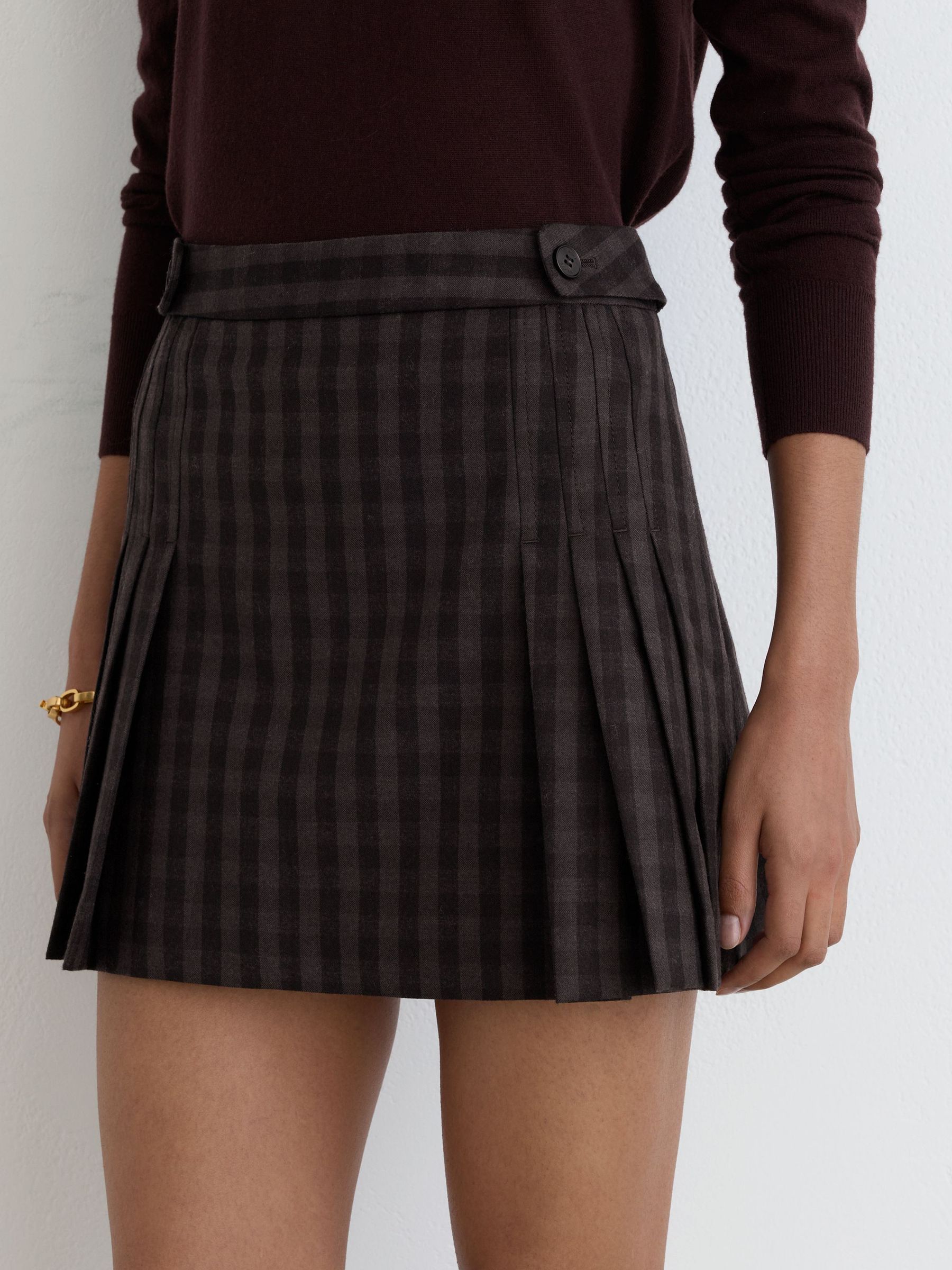Wool Check Pleated Mini Skirt in Grape Check - Image 3 of 7