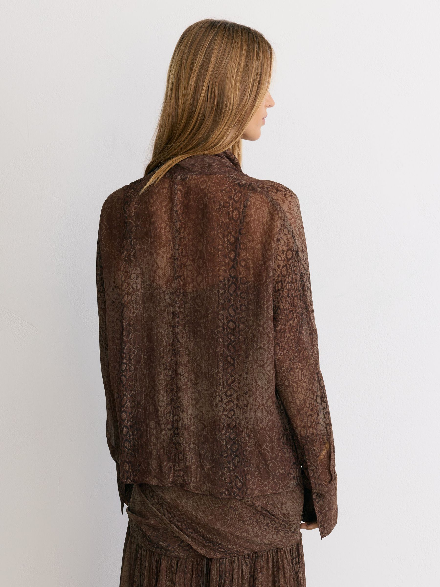 Snake-Print Plissé Tie-Front Blouse in Grape Burgundy - Image 5 of 7