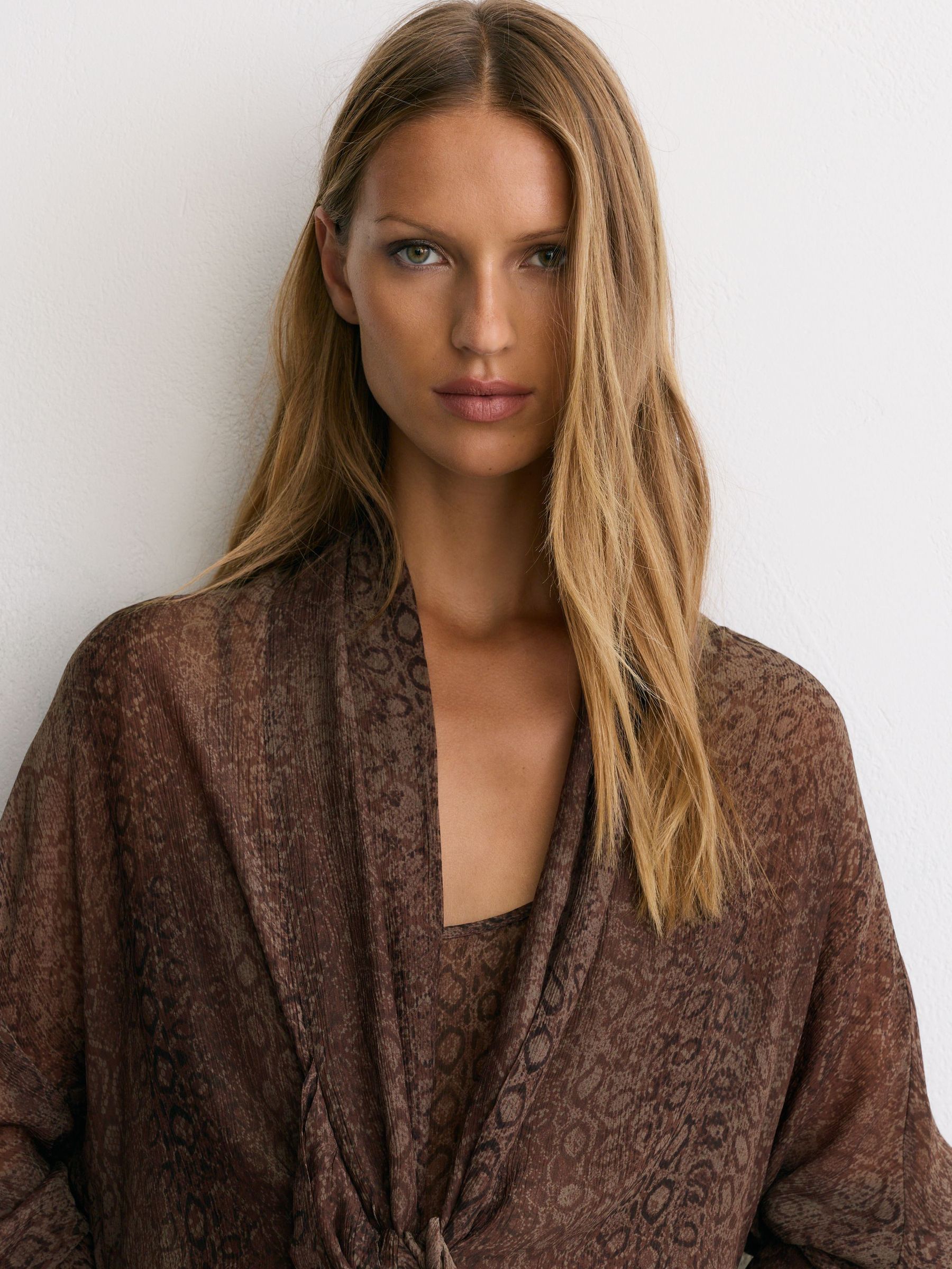 Snake-Print Plissé Tie-Front Blouse in Grape Burgundy - Image 6 of 7