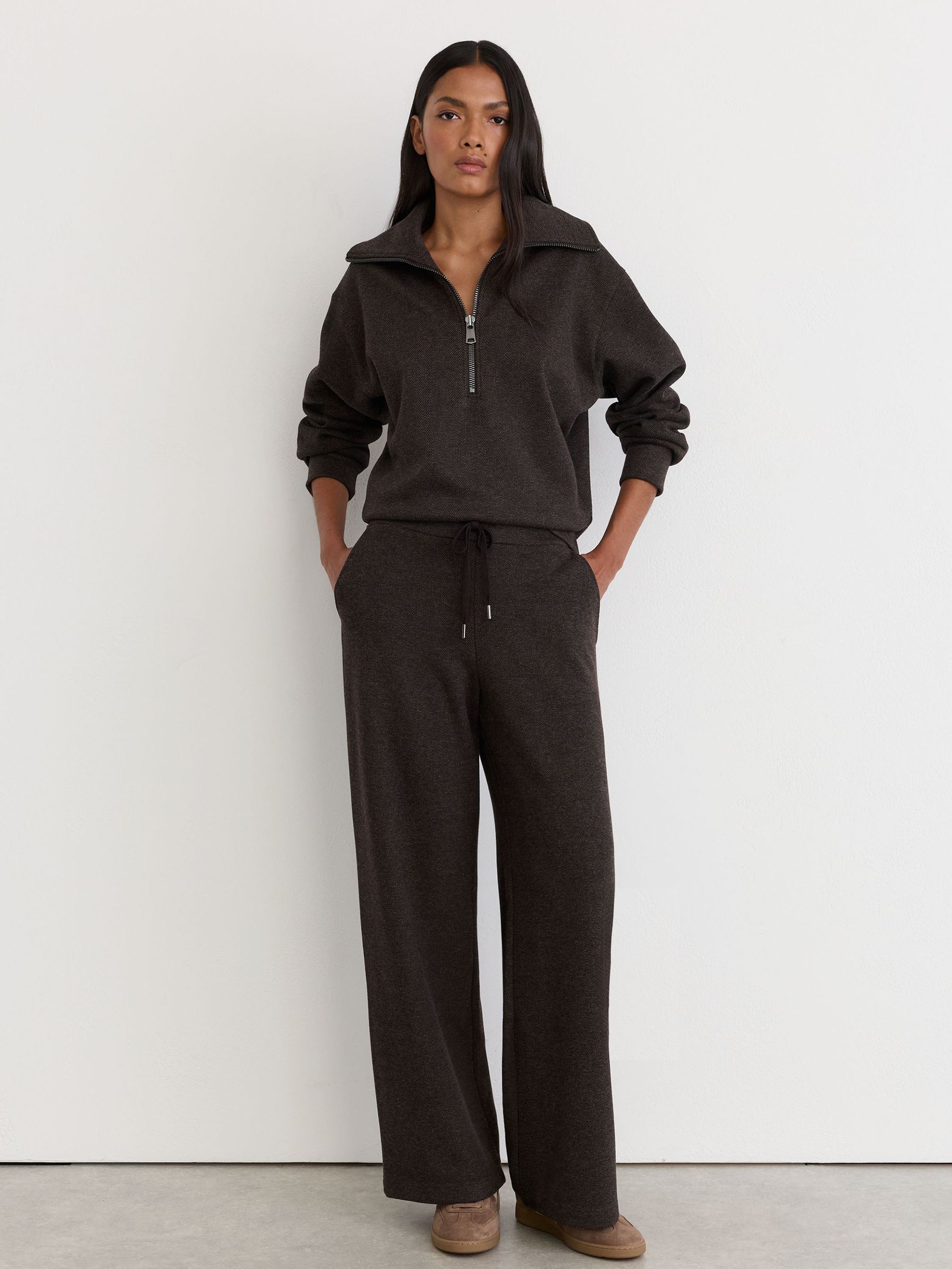 Herringbone Wide-Leg Drawstring Joggers in Dark Brown - Image 1 of 6 Herringbone Wide-Leg Drawstring Joggers in Dark Brown - Image 1 of 6
