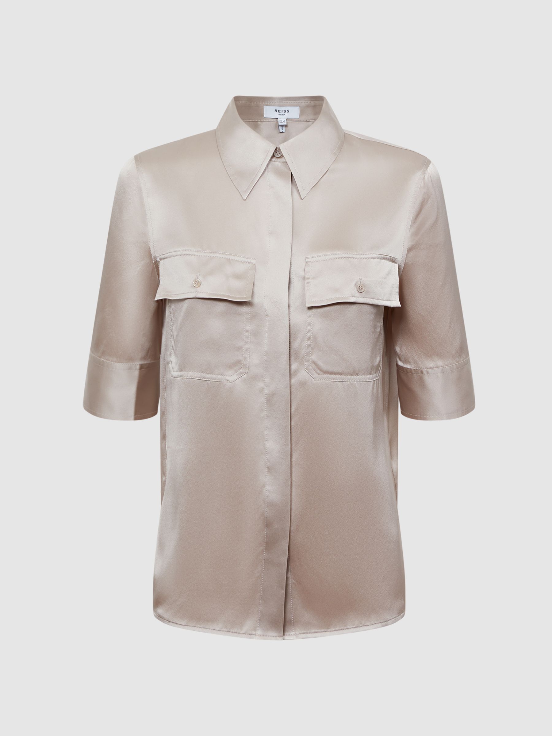 Silk Short Sleeve Button Through Shirt in Champagne - Image 2 of 5