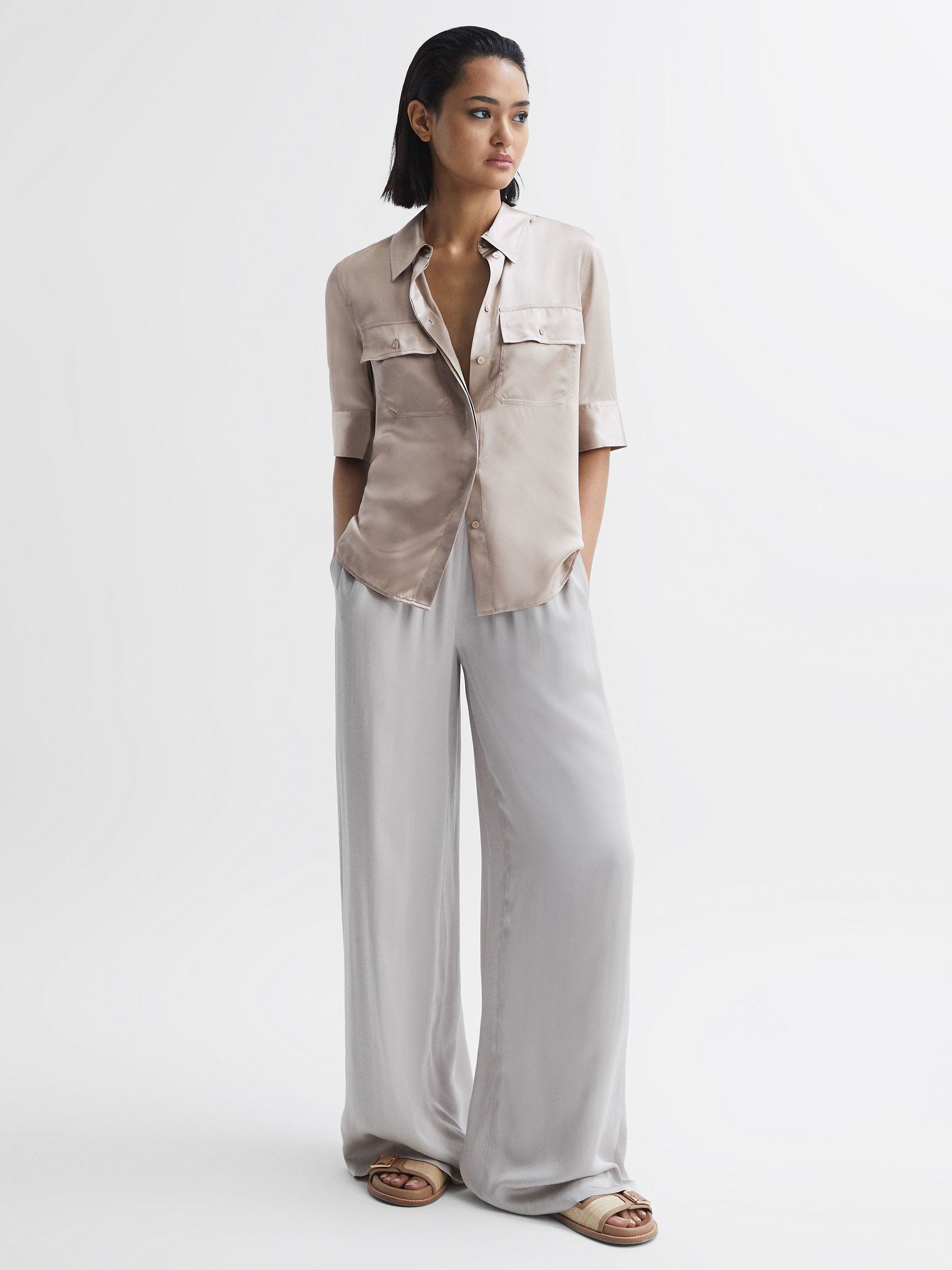 Silk Short Sleeve Button Through Shirt in Champagne - Image 4 of 5