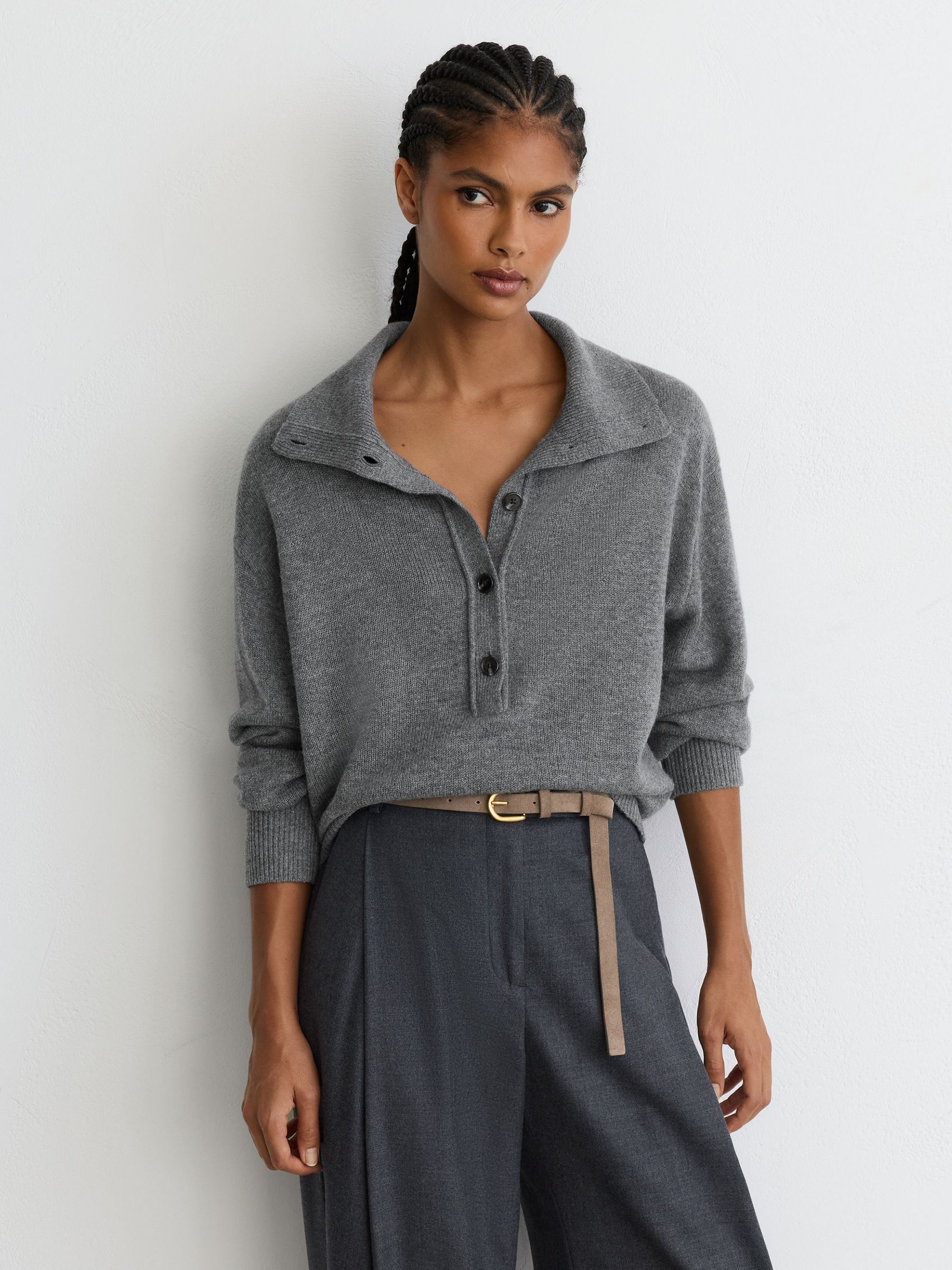 Wool-Cashmere Half-Button Jumper in Grey - 第 1 張圖片（共 7 張）