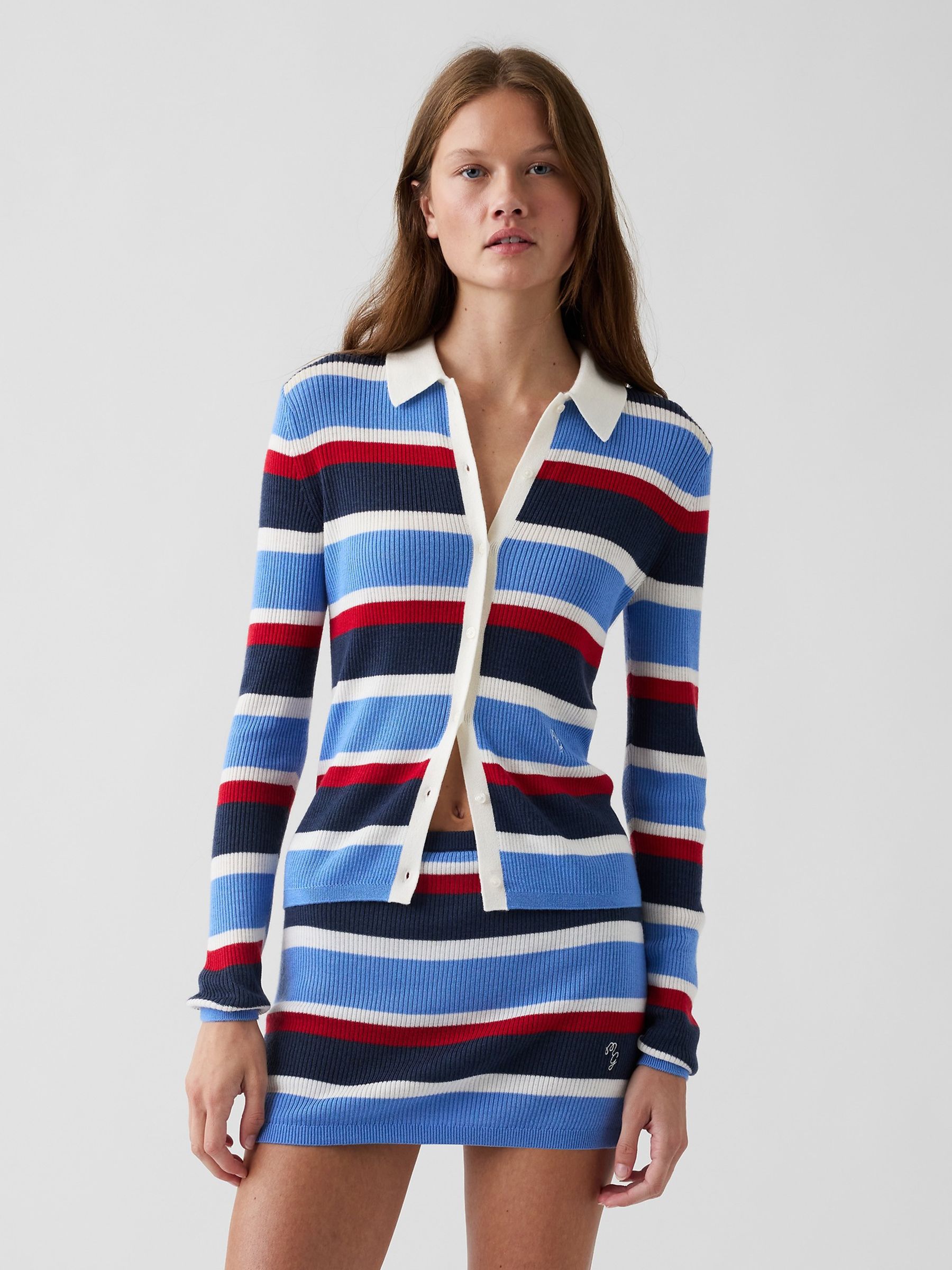Gap x Malbon Blue/Red Stripe Polo Collar Cardigan - Image 4 of 8