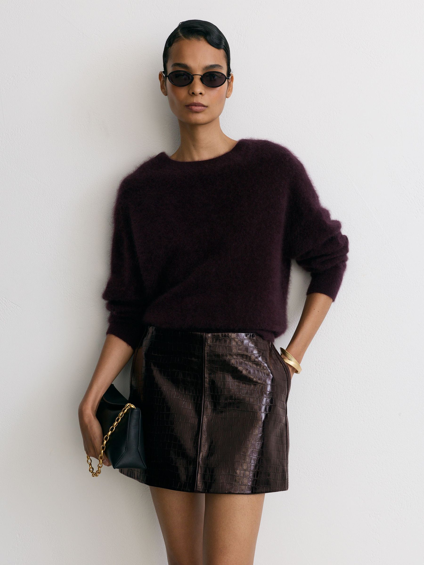 Leather Crocodile-Effect Mini Skirt in Burgundy - Image 1 of 6 Leather Crocodile-Effect Mini Skirt in Burgundy - Image 1 of 6
