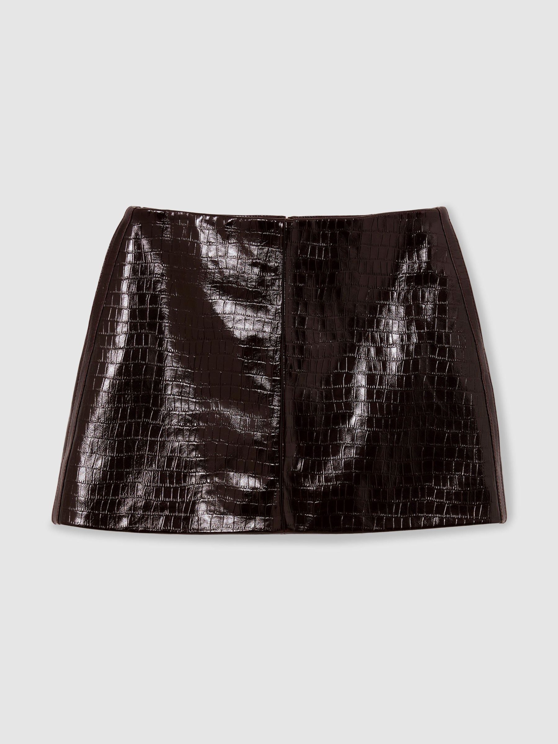 Leather Crocodile-Effect Mini Skirt in Burgundy - Image 2 of 6