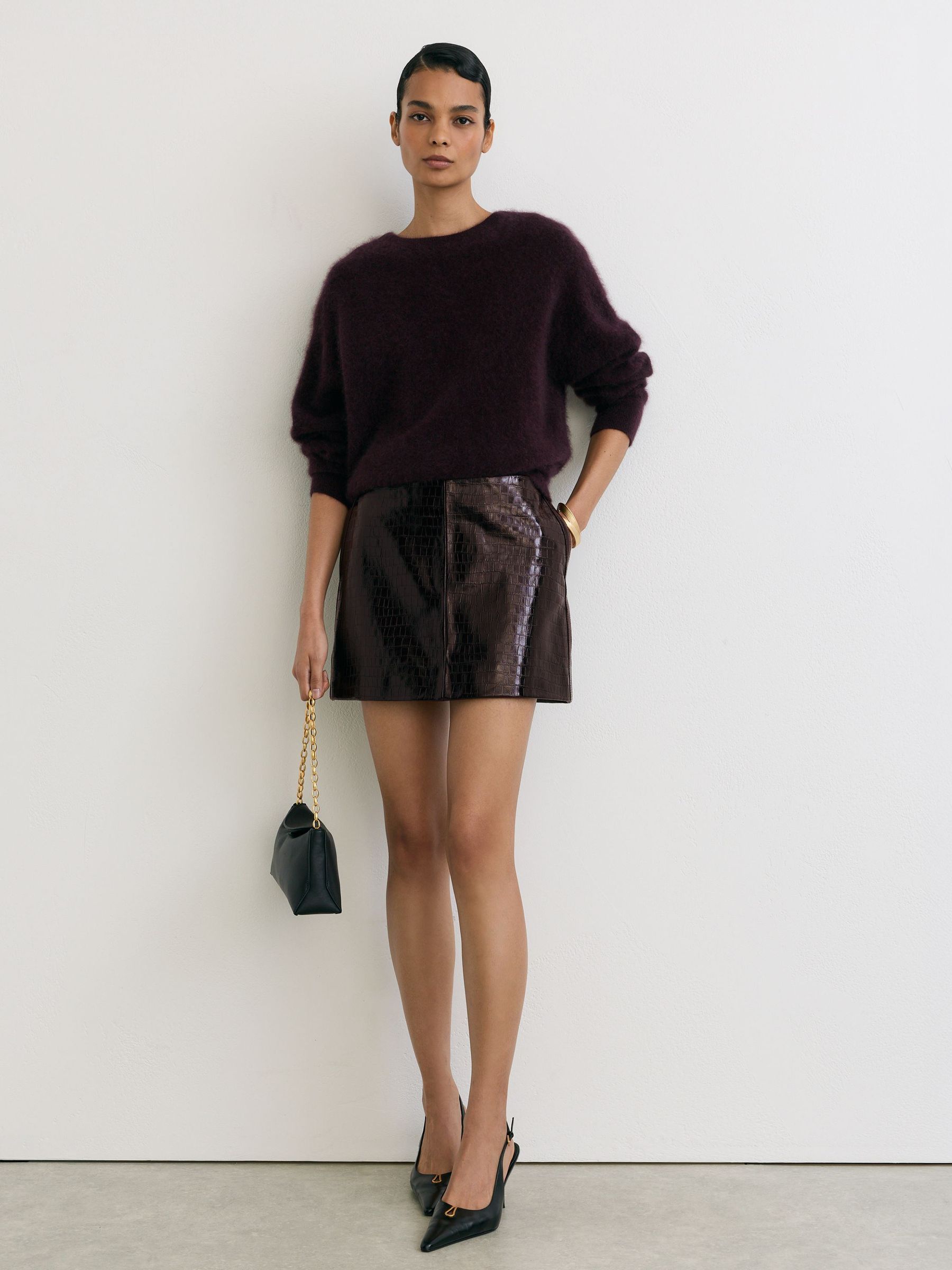 Leather Crocodile-Effect Mini Skirt in Burgundy - Image 3 of 6