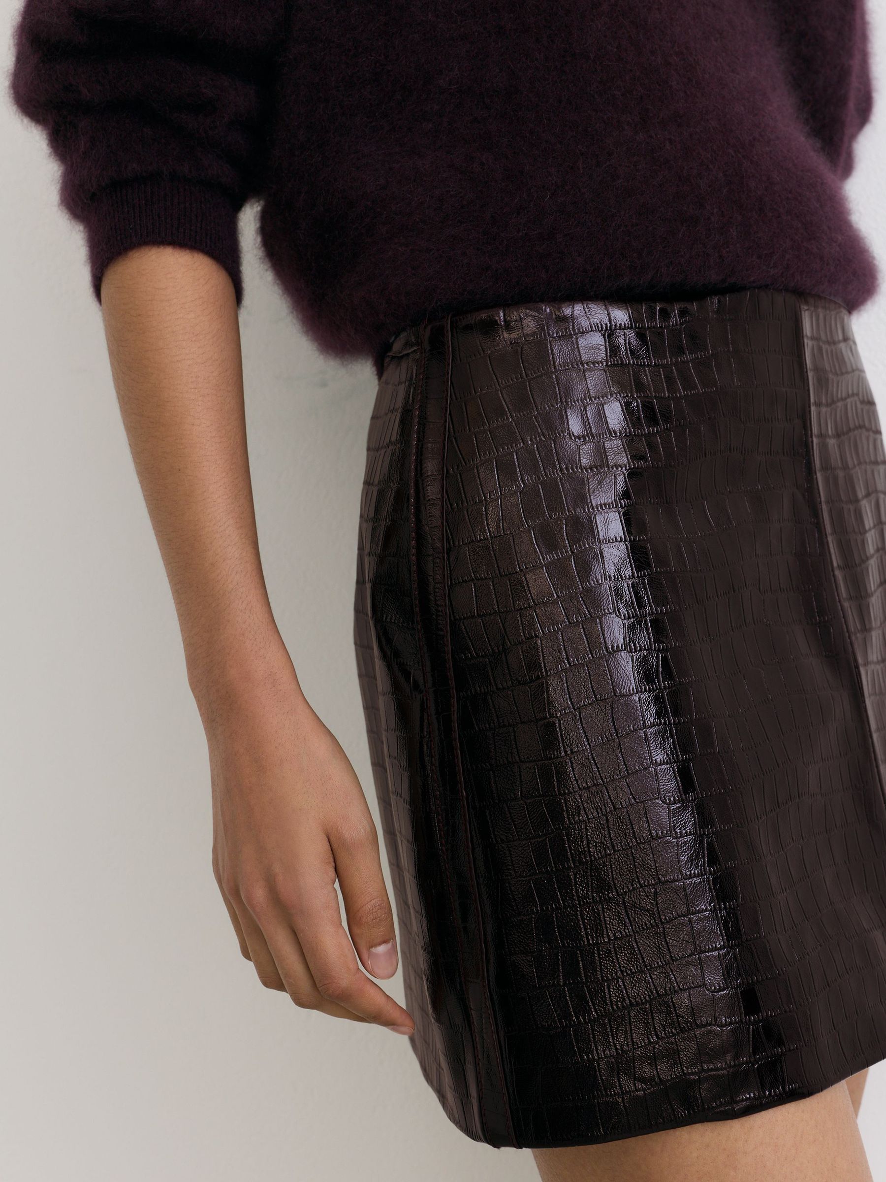 Leather Crocodile-Effect Mini Skirt in Burgundy - Image 4 of 6