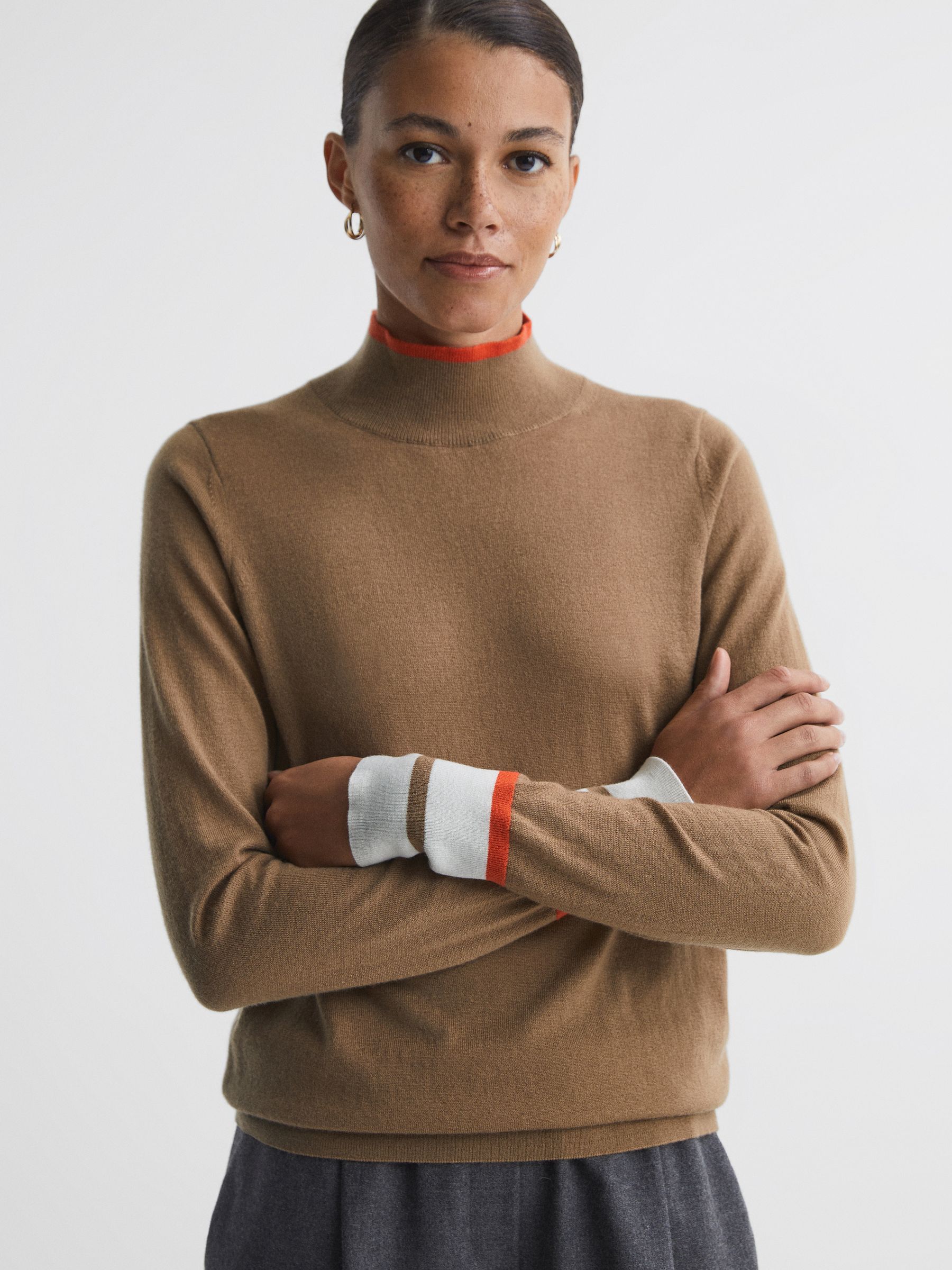 Fitted Merino Wool Funnel Neck Top in Camel/Orange - Image 1 of 6