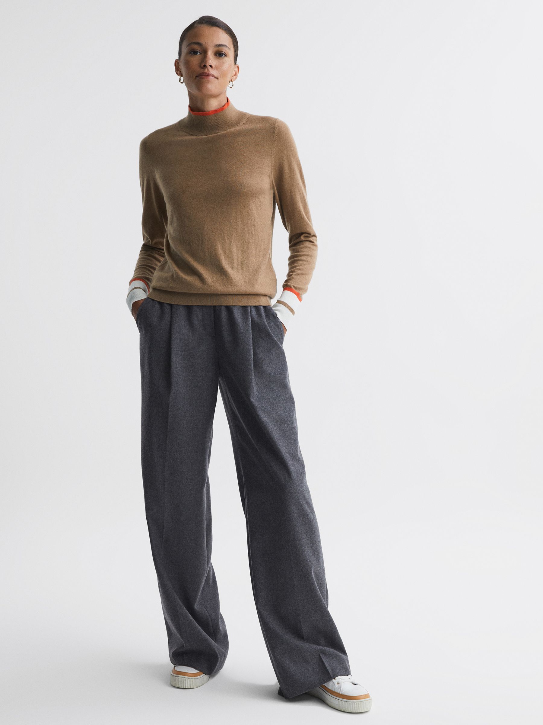 Fitted Merino Wool Funnel Neck Top in Camel/Orange - Image 3 of 6