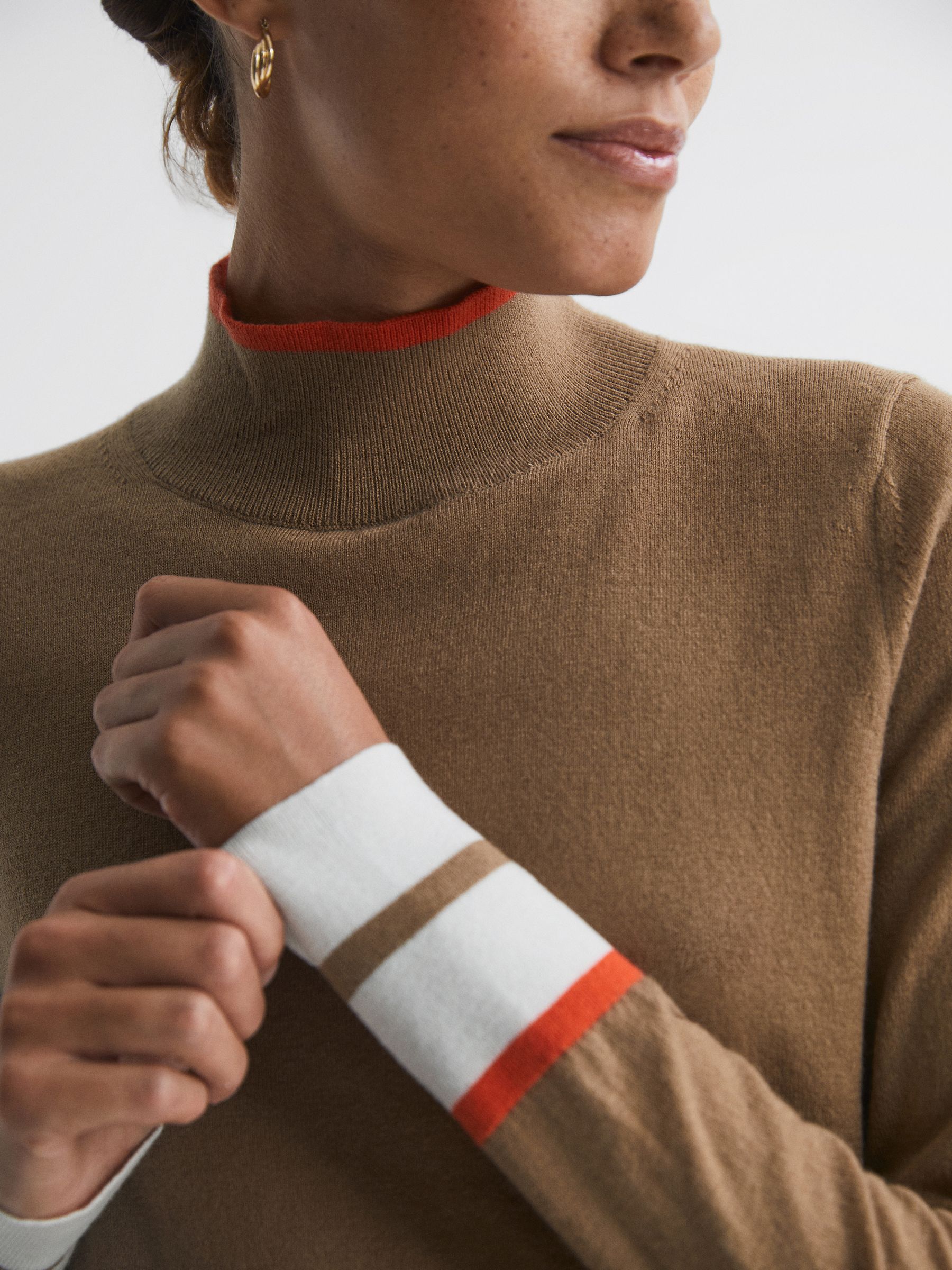 Fitted Merino Wool Funnel Neck Top in Camel/Orange - Image 4 of 6