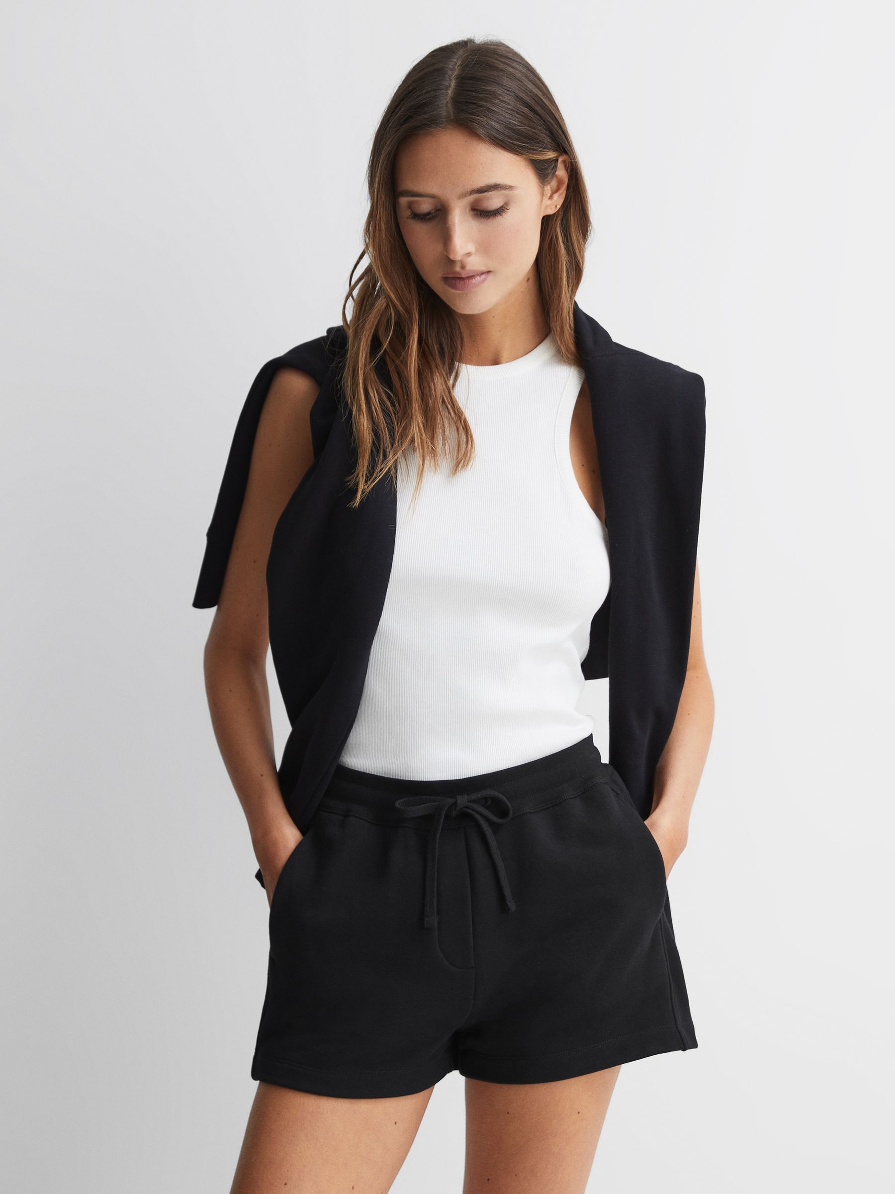 Relaxed Fit Cotton Drawstring Shorts in Black - Image 1 of 5