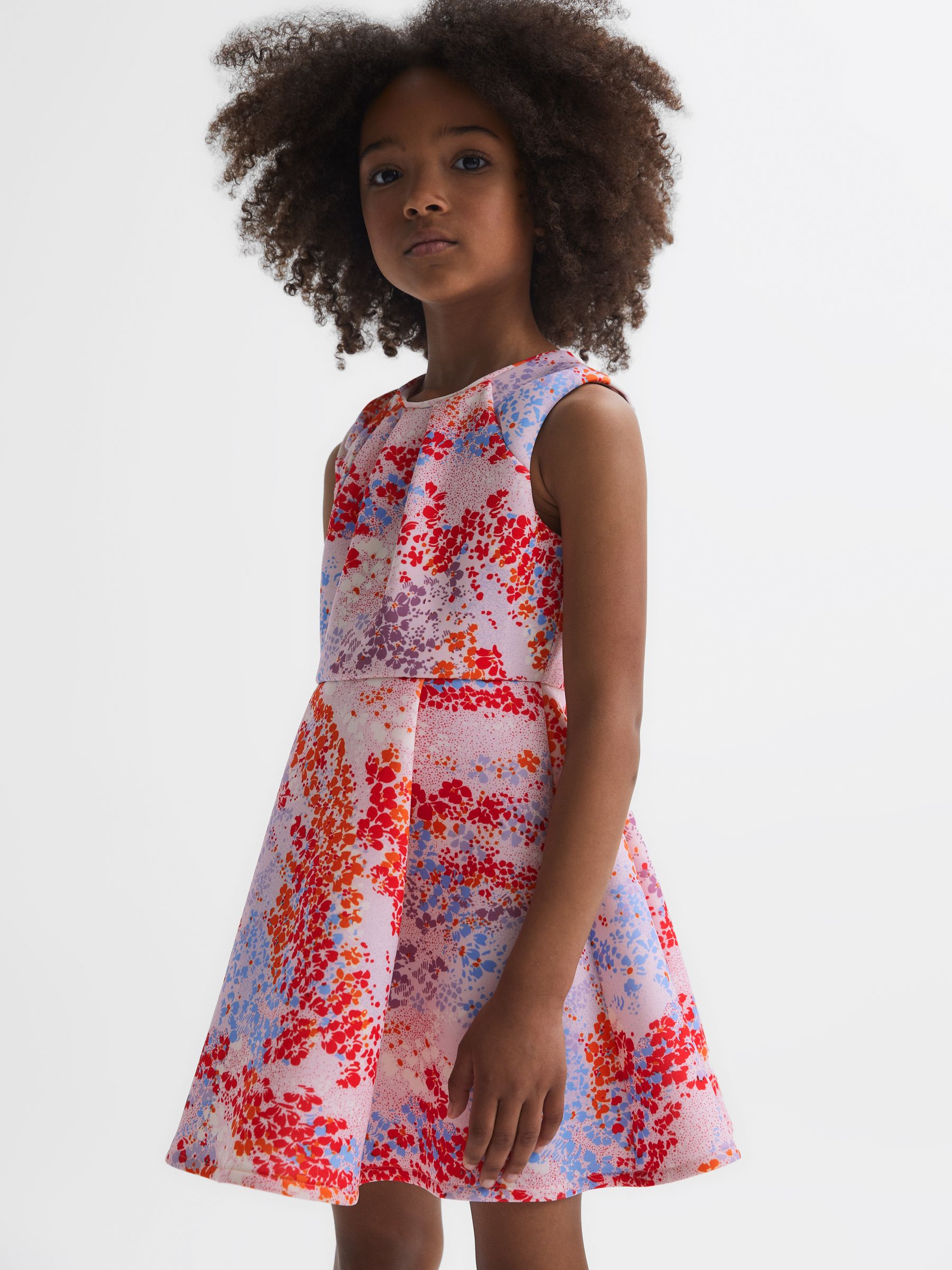 9-14 yrs Floral Print Pleated Scuba Dress in Pink Print - Image 1 of 6