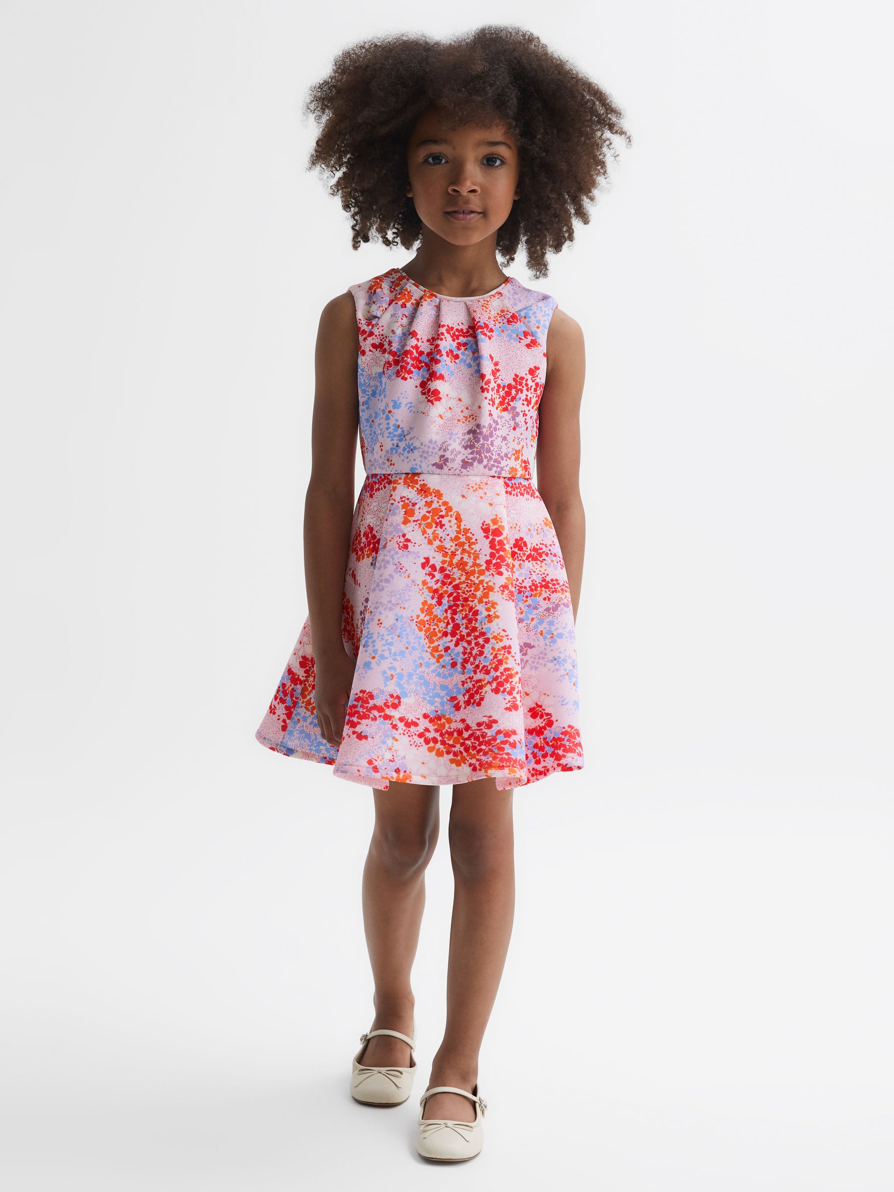 9-14 yrs Floral Print Pleated Scuba Dress in Pink Print - Image 3 of 6
