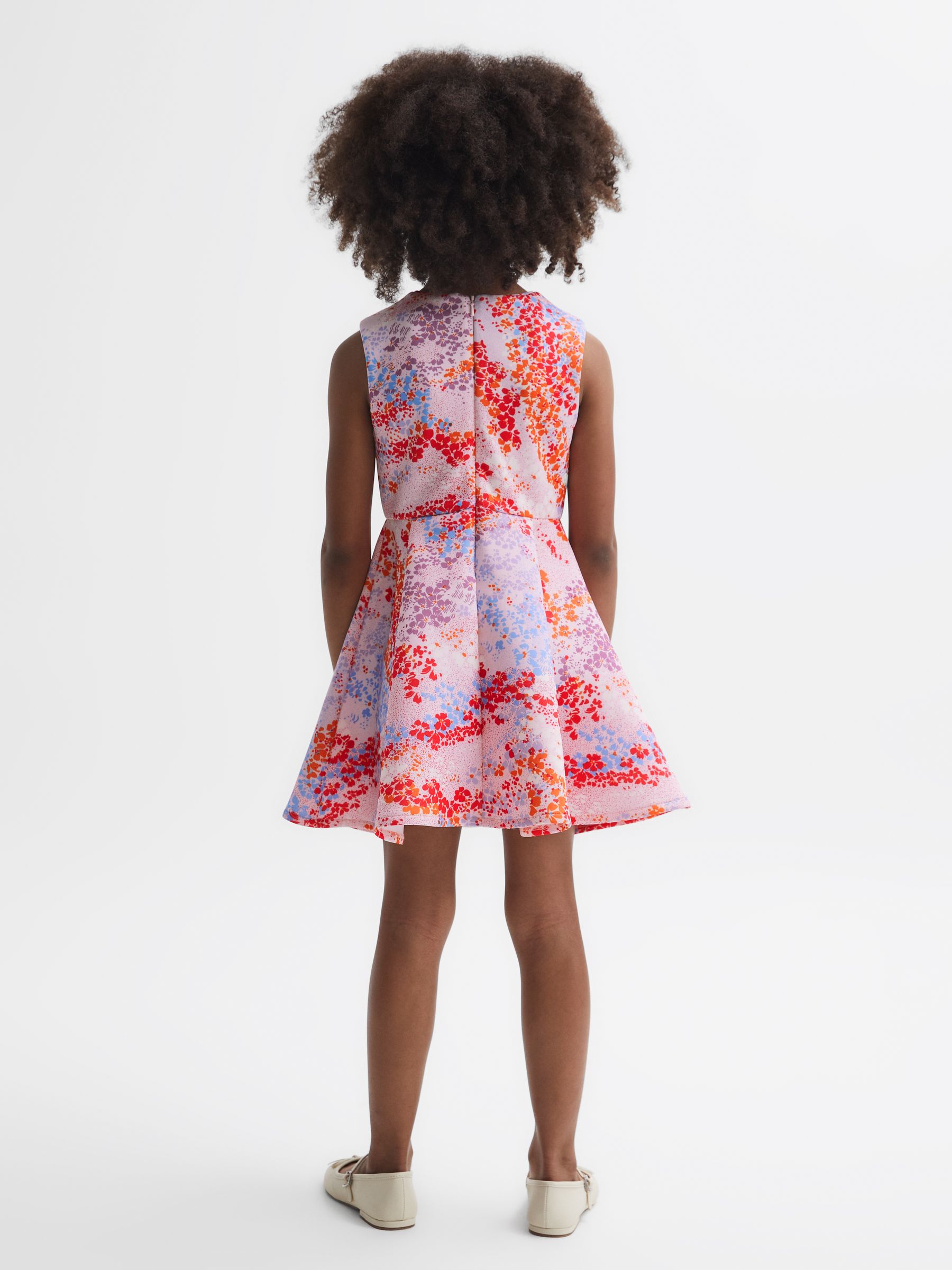 9-14 yrs Floral Print Pleated Scuba Dress in Pink Print - Image 5 of 6