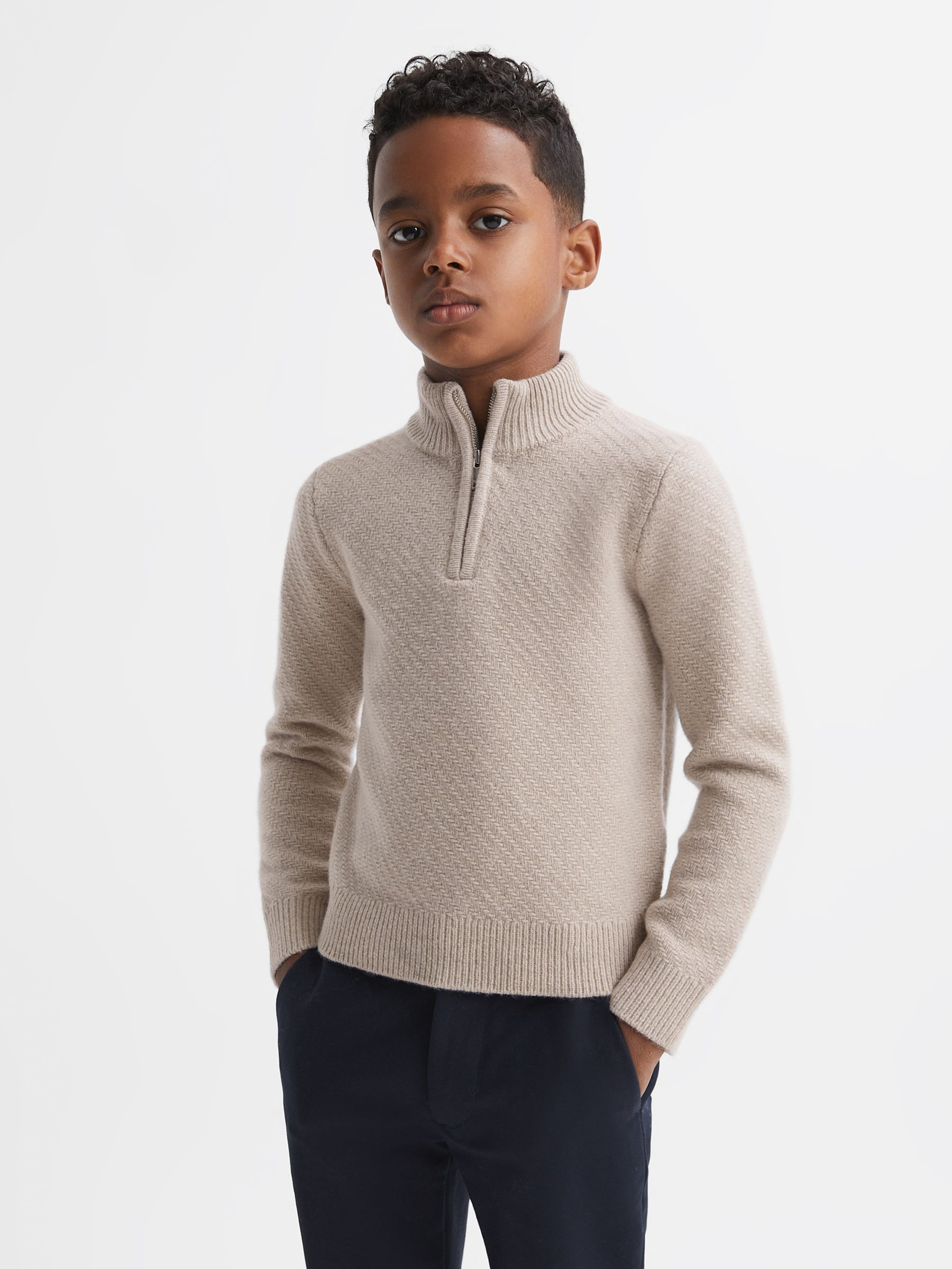Senior Slim Fit Knitted Half-Zip Funnel Neck Jumper in Oatmeal Melange - Image 1 of 6