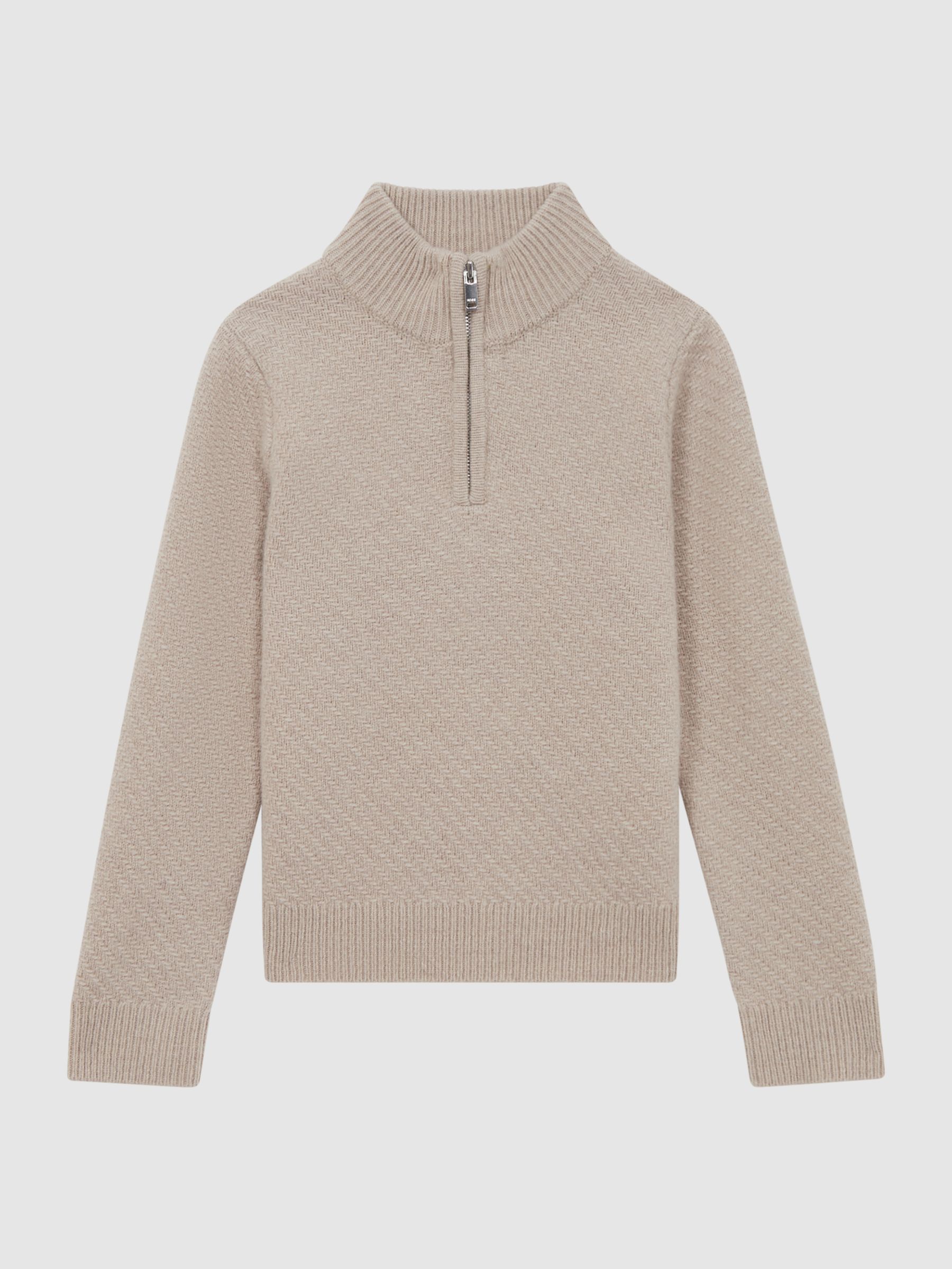 Senior Slim Fit Knitted Half-Zip Funnel Neck Jumper in Oatmeal Melange - Image 2 of 6