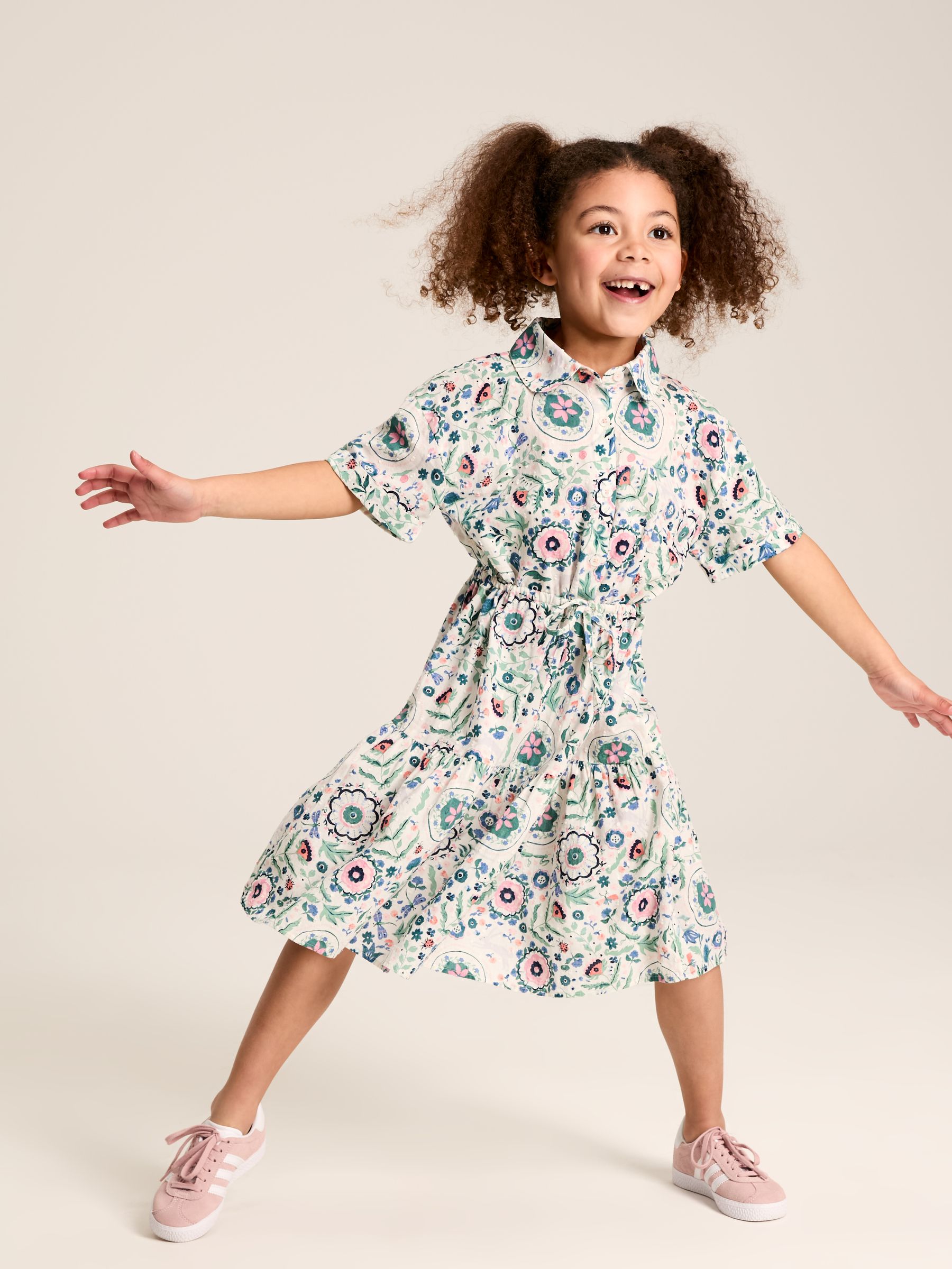 Girls' Summer Pink / Green Textured Shirt Dress - Image 3 of 11
